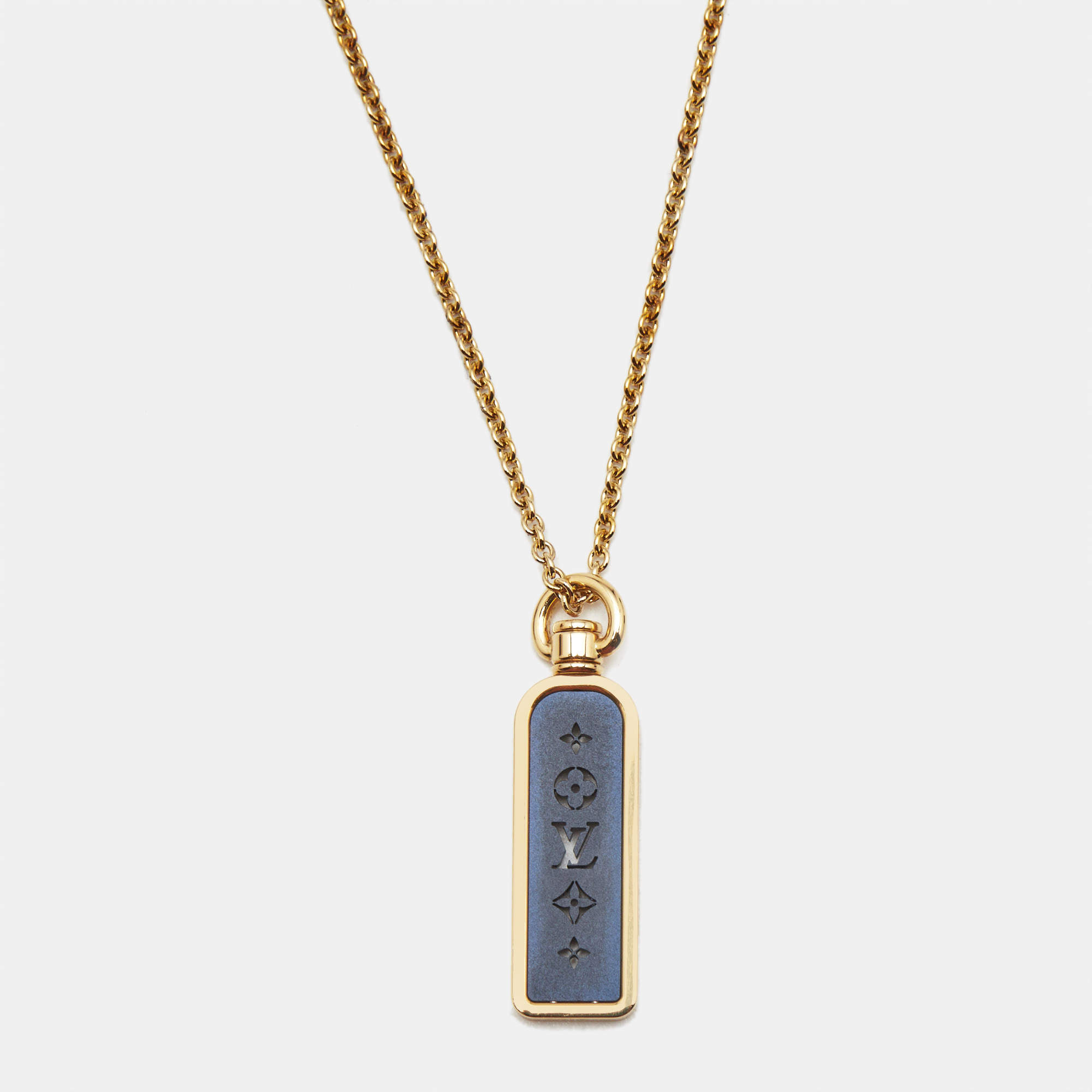 Pre Owned Louis Vuitton Les Gastons Vuitton Small Blue PVD Titanium 18k Yellow Gold Tag Pendant Necklace