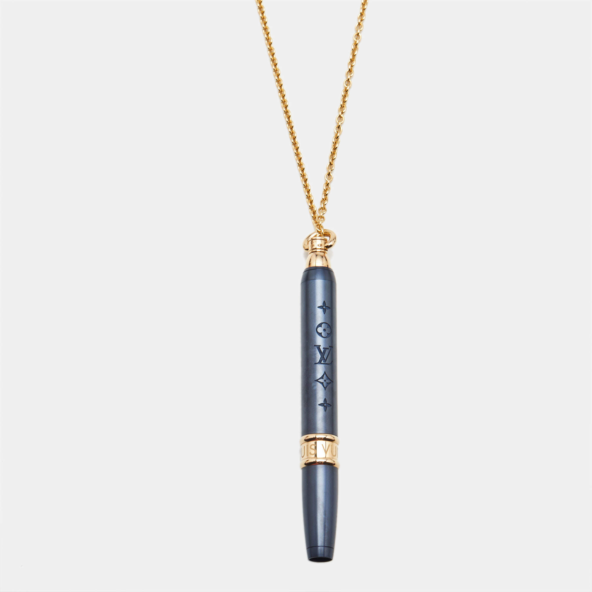 Pre Owned Louis Vuitton Les Gastons Vuitton Designer Blue PVD Titanium 18k Yellow Gold Pencil Pendant Necklace
