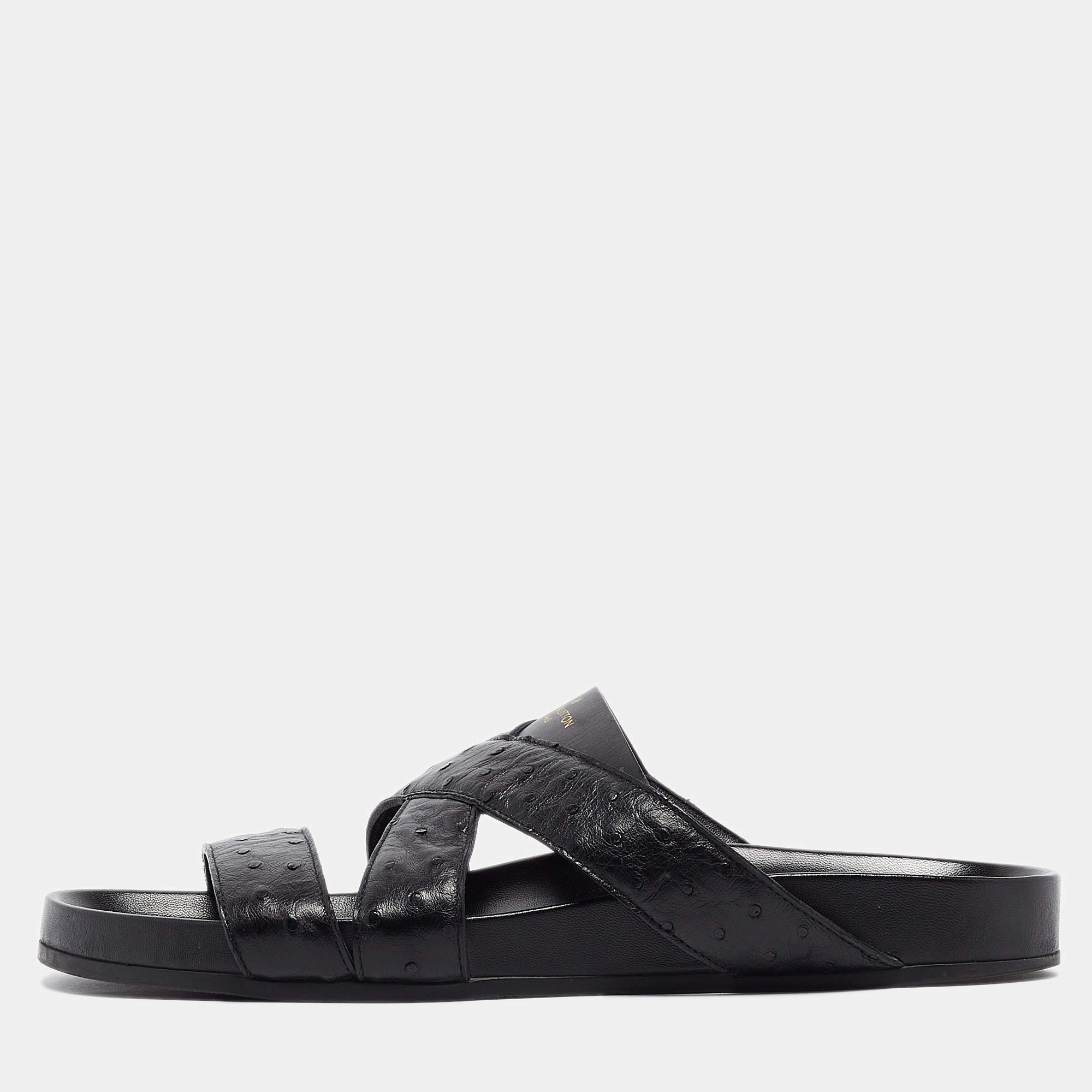 Louis Vuitton Black Ostrich Leather Flat Slides Size 42.5