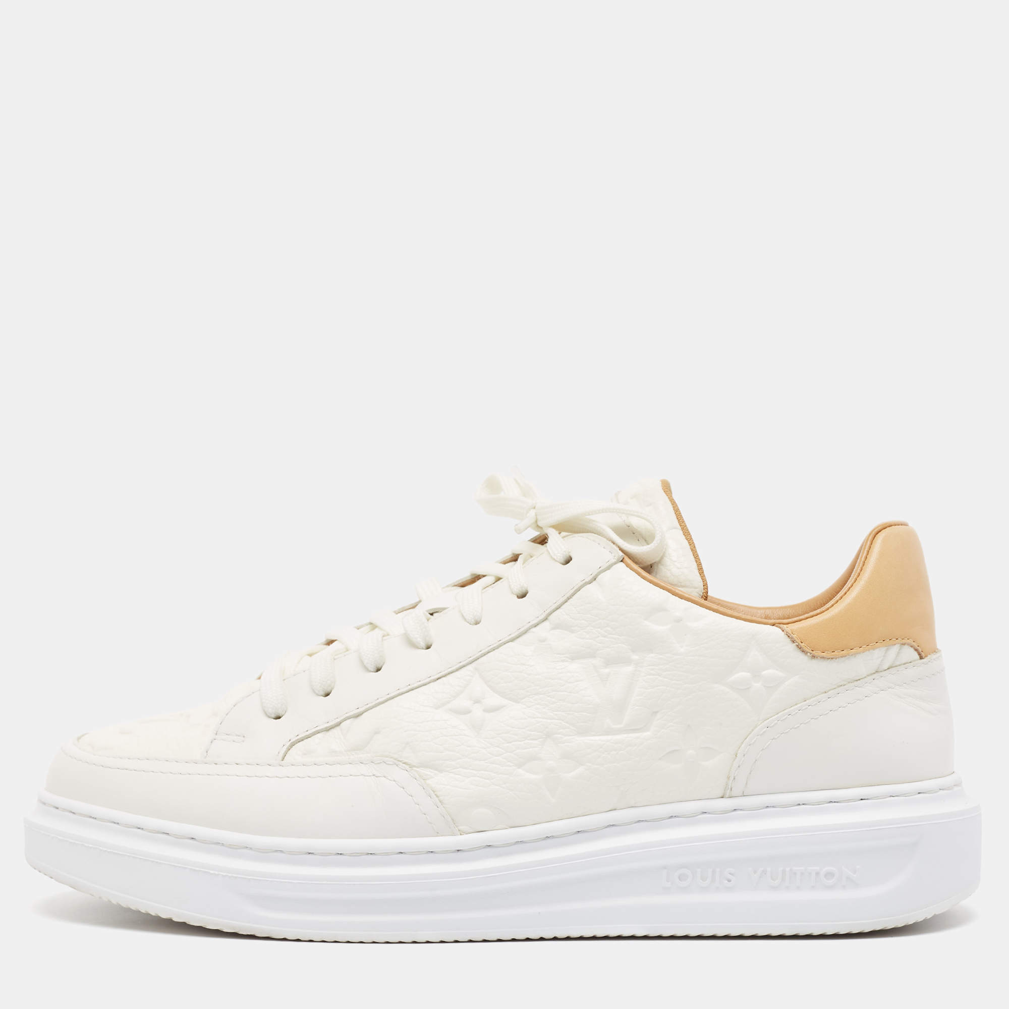 Pre Owned Louis Vuitton White/Brown Monogram Leather Beverley Sneakers Size 41.5