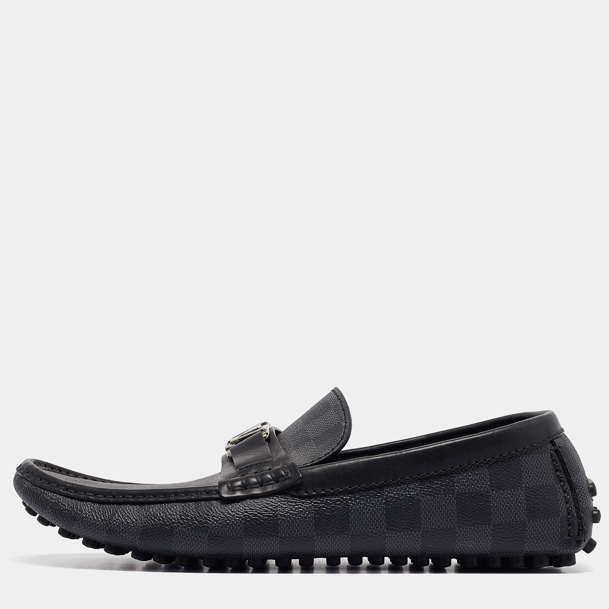 Pre Owned Louis Vuitton Grey Leather  and Canvas Hockenheim Loafers Size 42.5