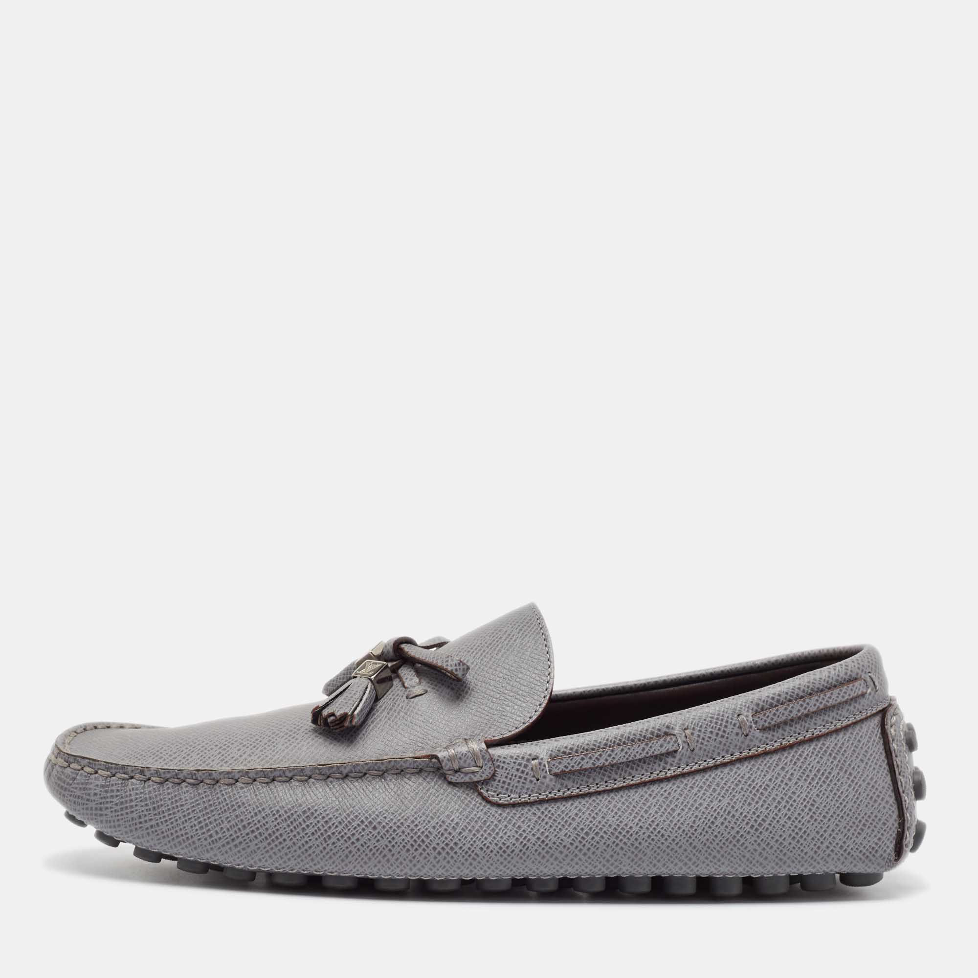 Pre Owned Louis Vuitton Grey Leather Slip On Loafers Size 41