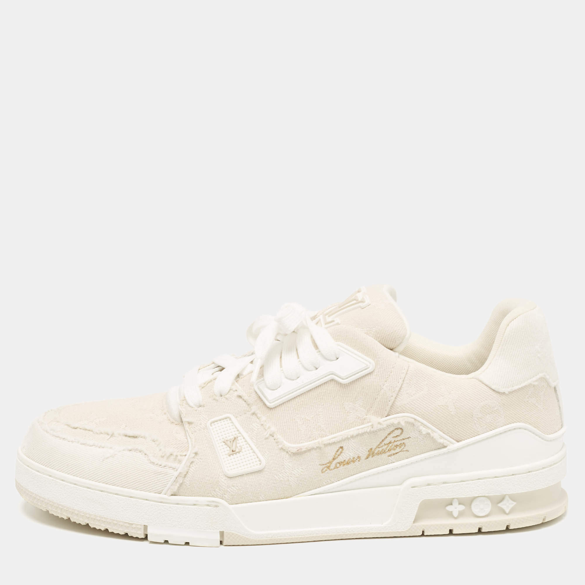 Louis Vuitton Cream Canvas LV Trainer Lace Up Sneakers Size 45