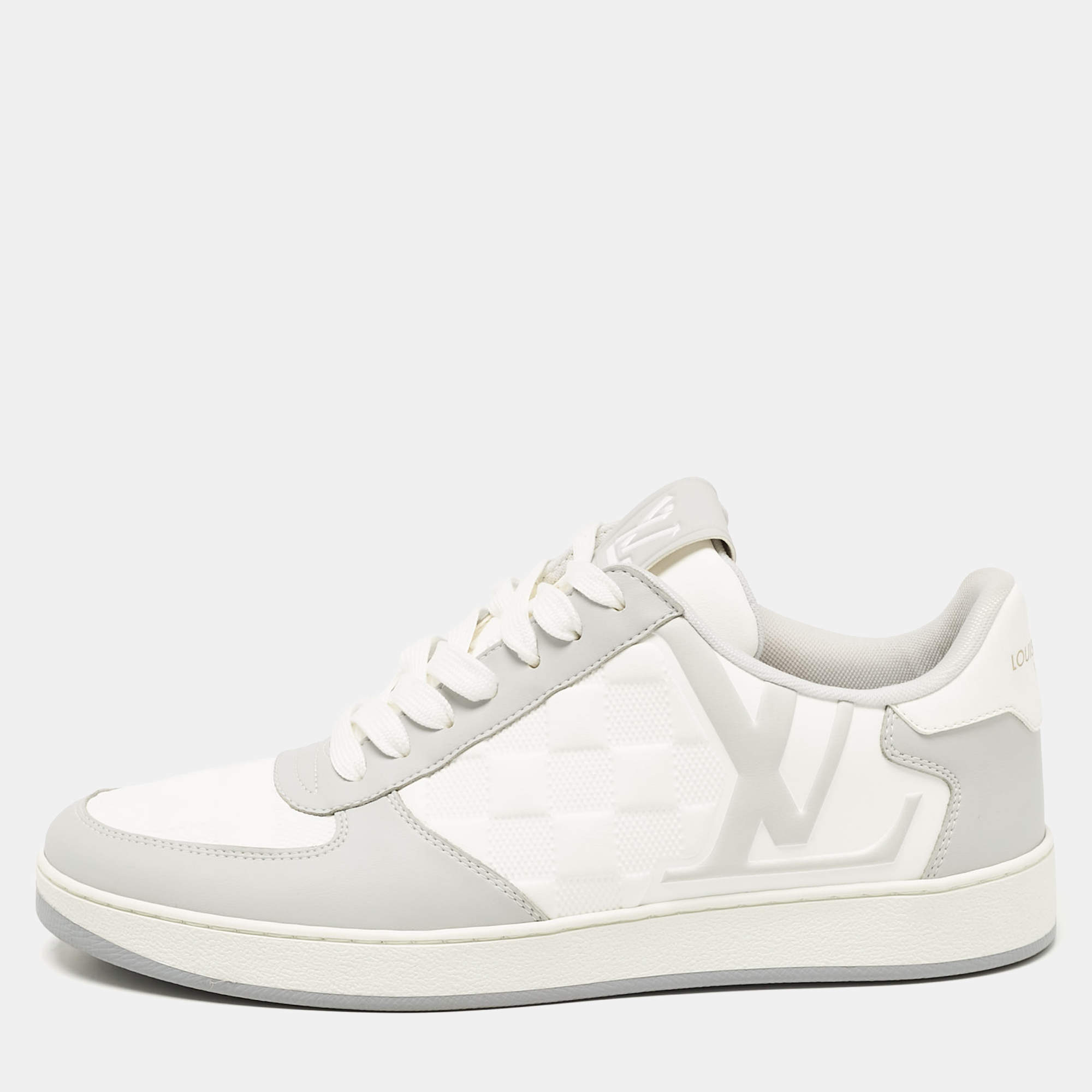 Pre Owned Louis Vuitton Grey/White Faux Leather Rivoli Sneakers Size 40.5