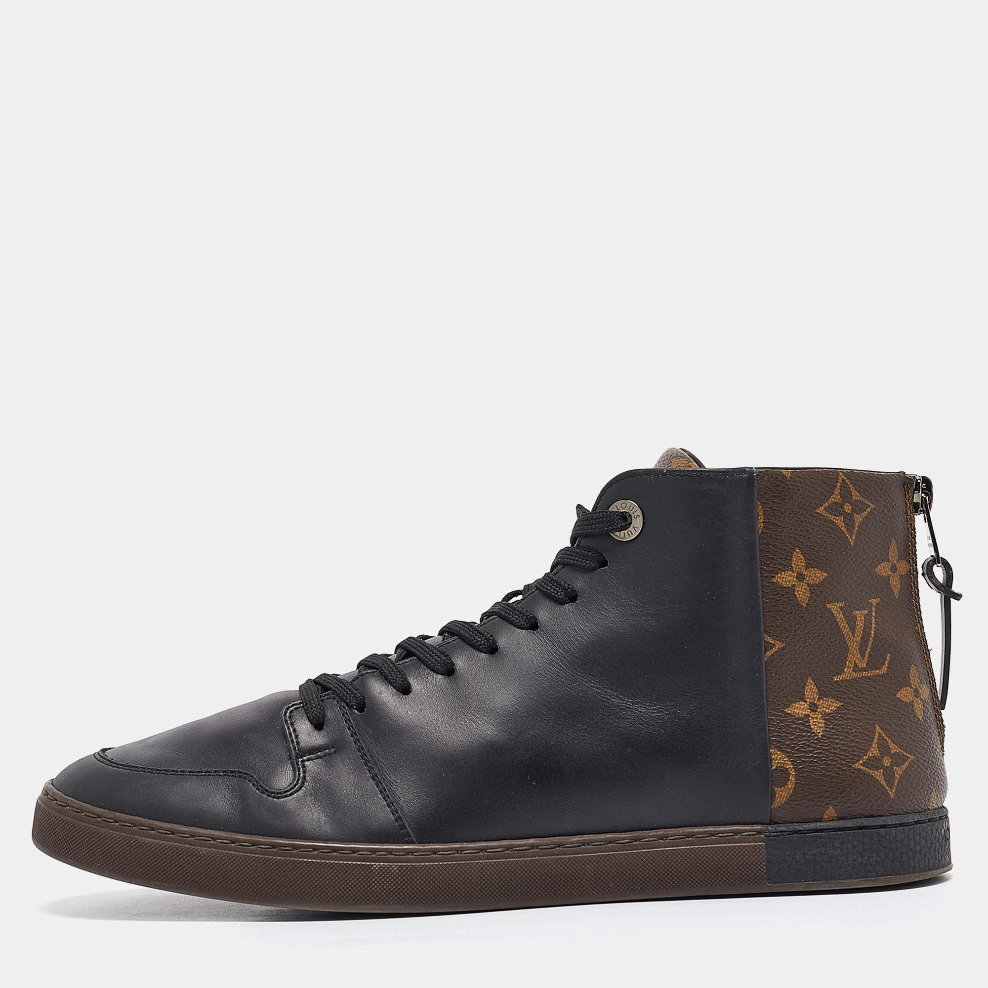 Louis Vuitton Black/Brown Leather and Monogram Canvas Line Up High-Top Sneakers Size 40.5