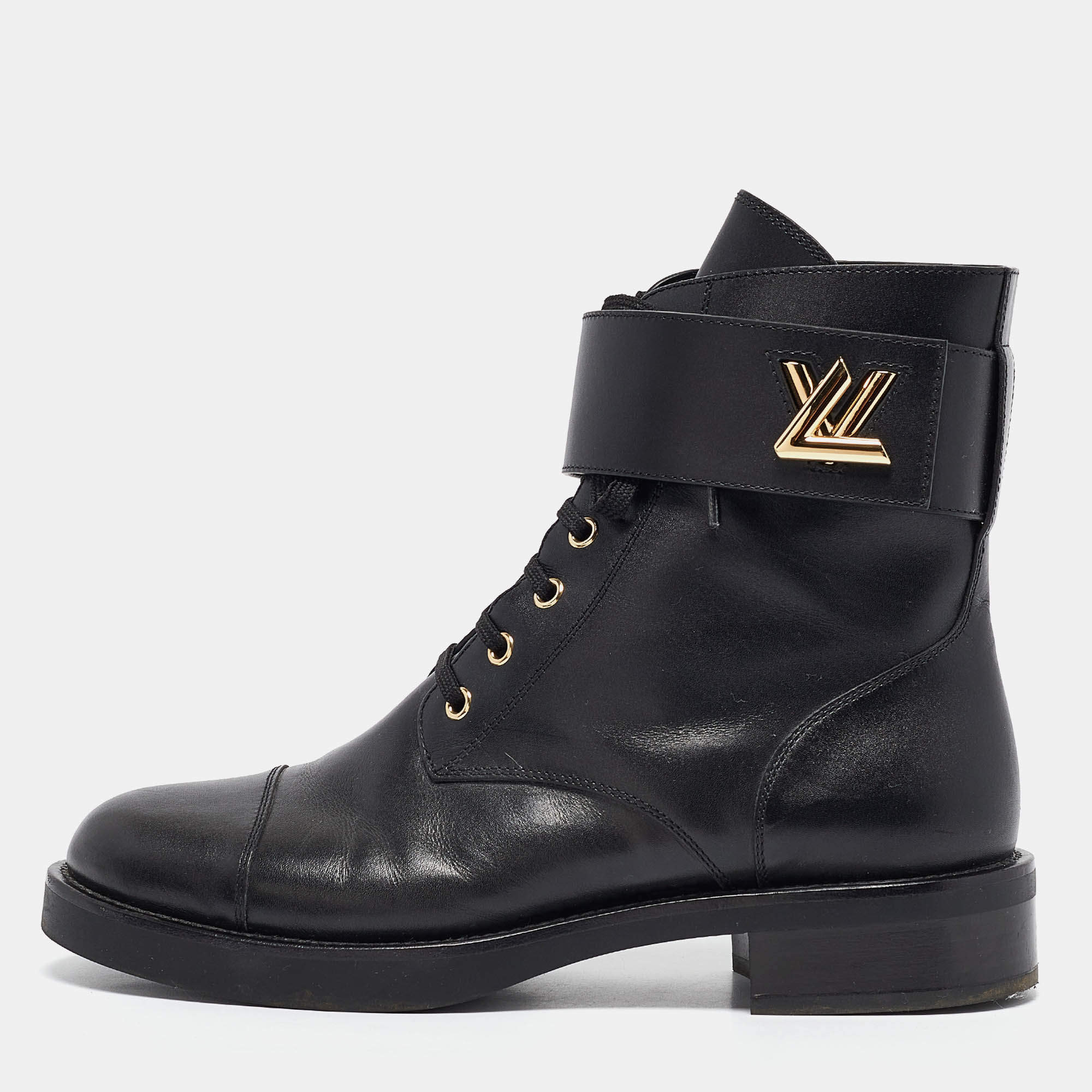 Pre Owned Louis Vuitton Black Leather Wonderland Flat Ranger Combat Boots 41