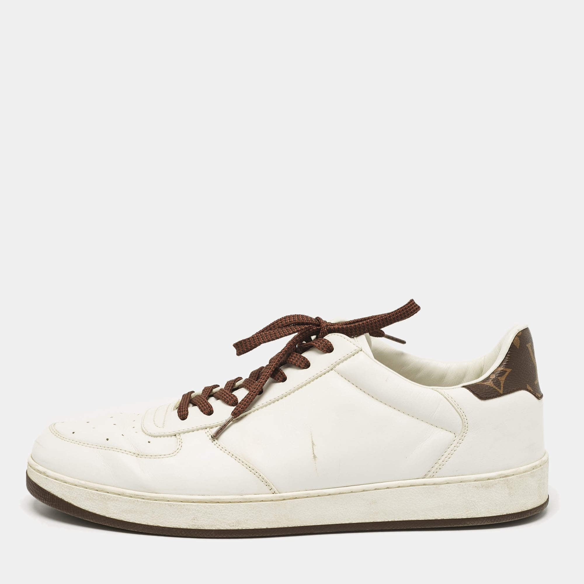 Louis Vuitton White/Brown Monogram Canvas and Leather Lace Up Sneakers 41.5