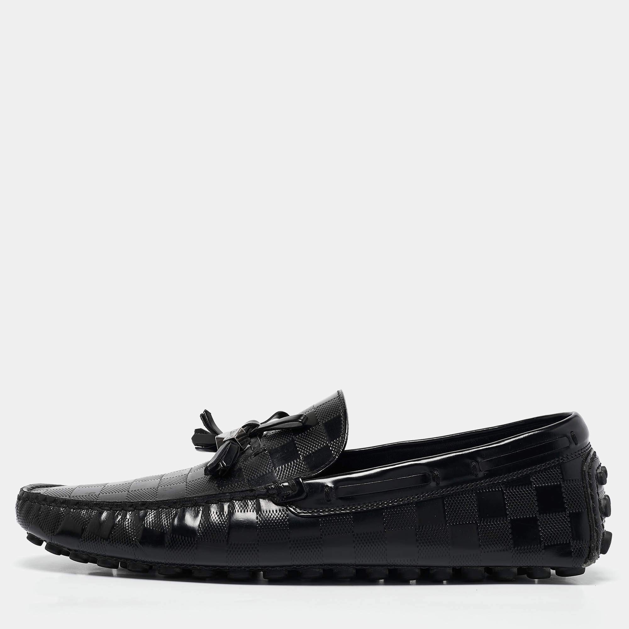 Pre Owned Louis Vuitton Black Damier Embossed Leather Tassel Bow Loafers Size 43.5