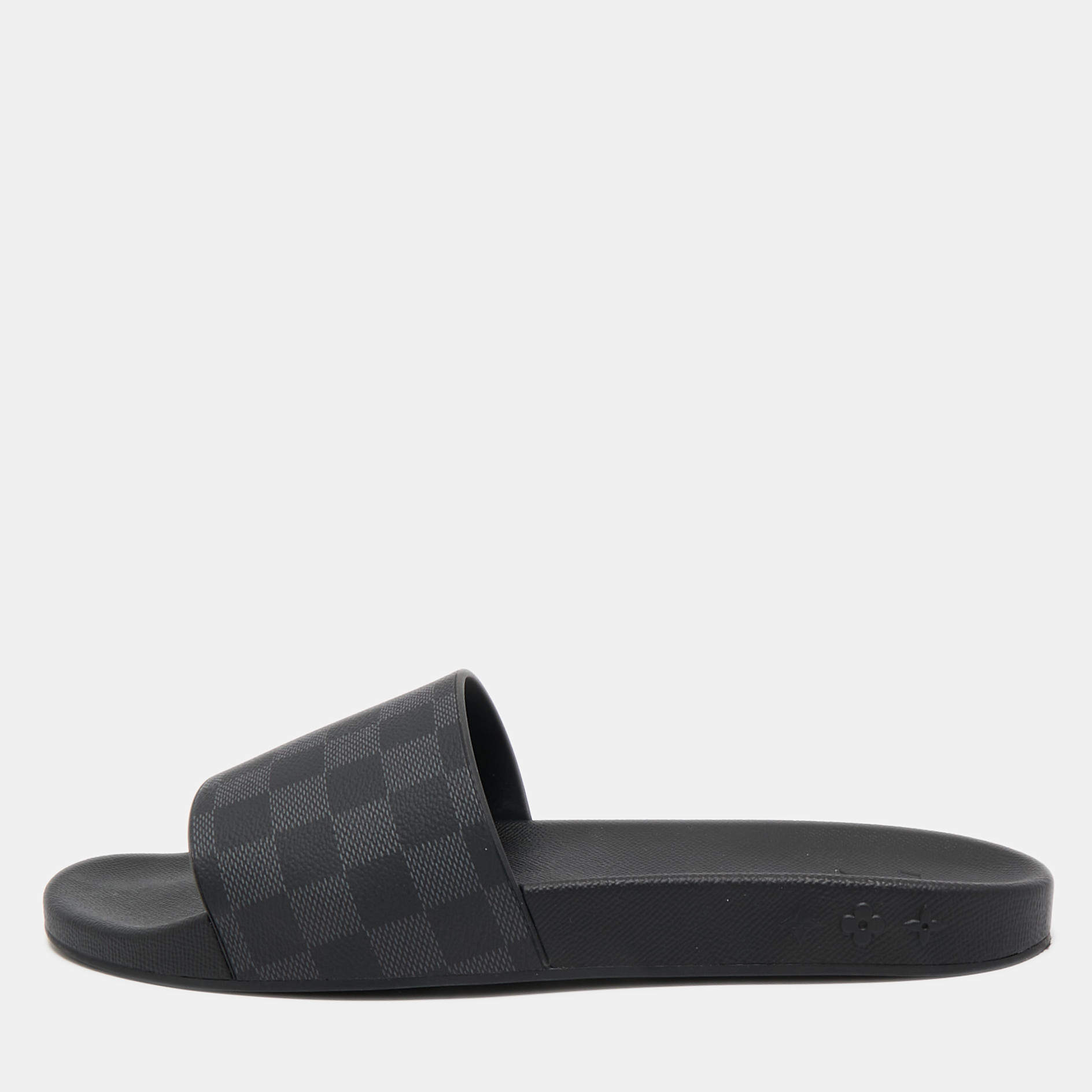 Louis Vuitton Black/Grey Rubber Graphite Waterfront Flat Slides Size 45