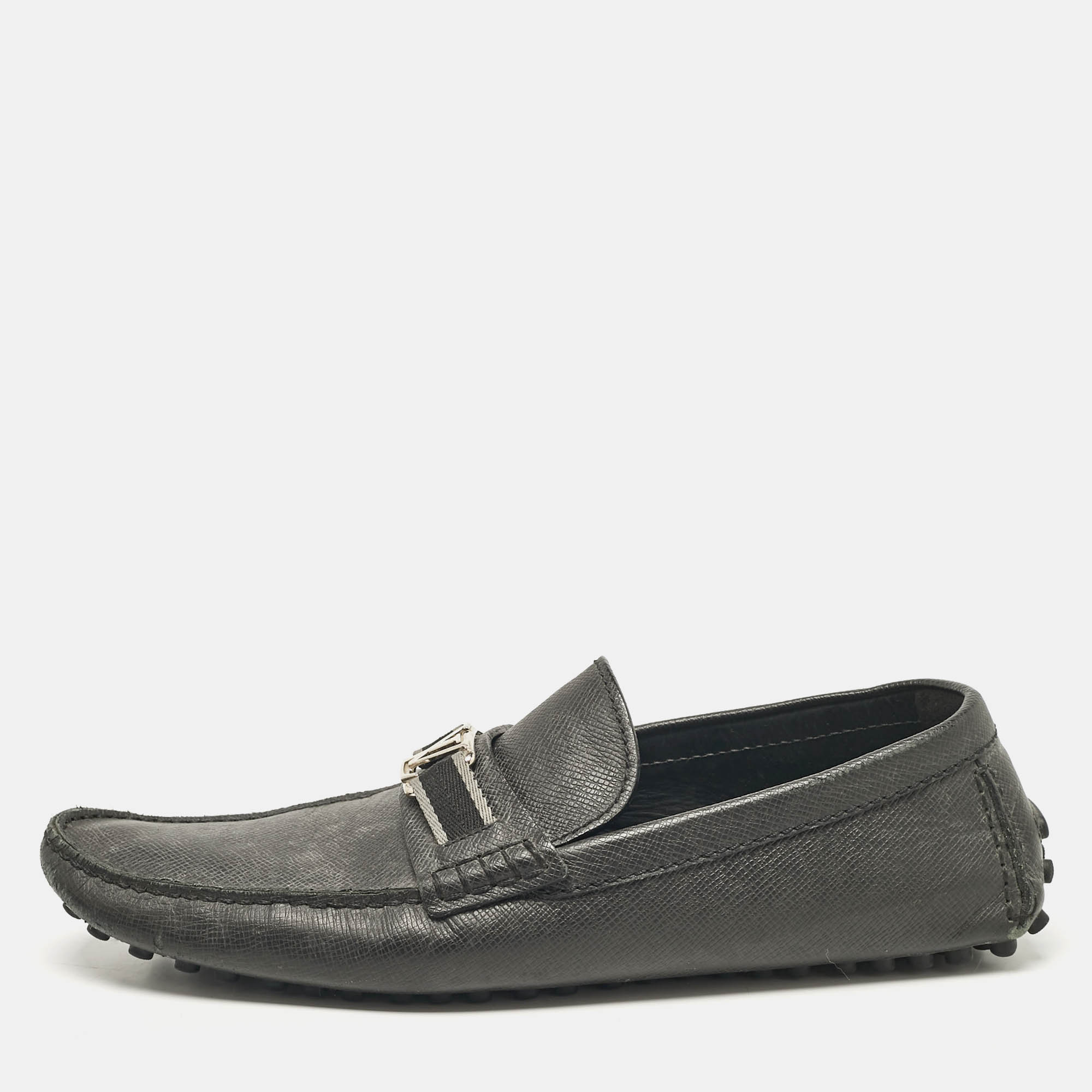 Louis Vuitton Black Leather Taiga Hockenheim Slip On Loafers Size 43