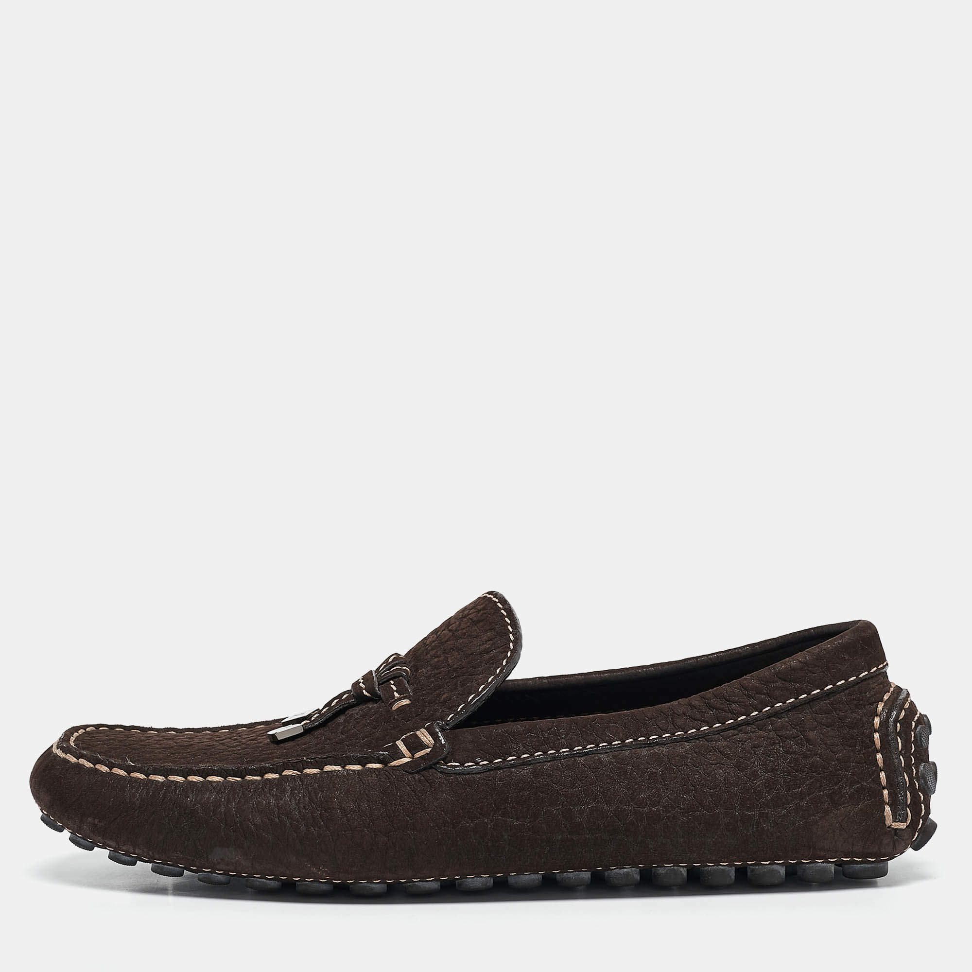 Louis Vuitton Dark Brown Textured Nubuck Leather Bow Loafers Size 41