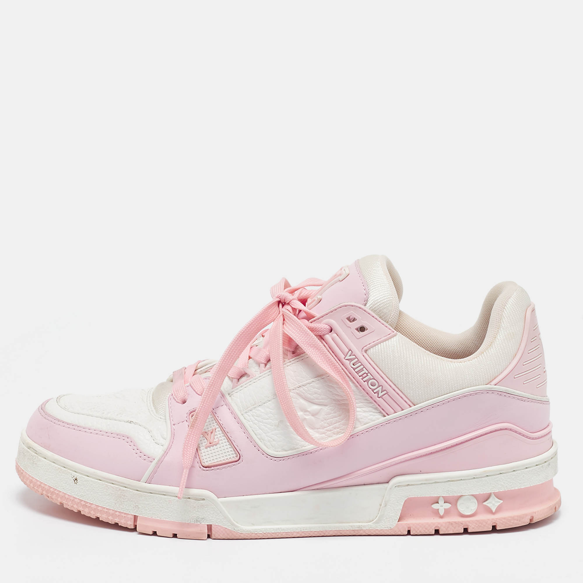 Louis Vuitton White/Pink Monogram Leather LV Trainer Sneakers Size 42 