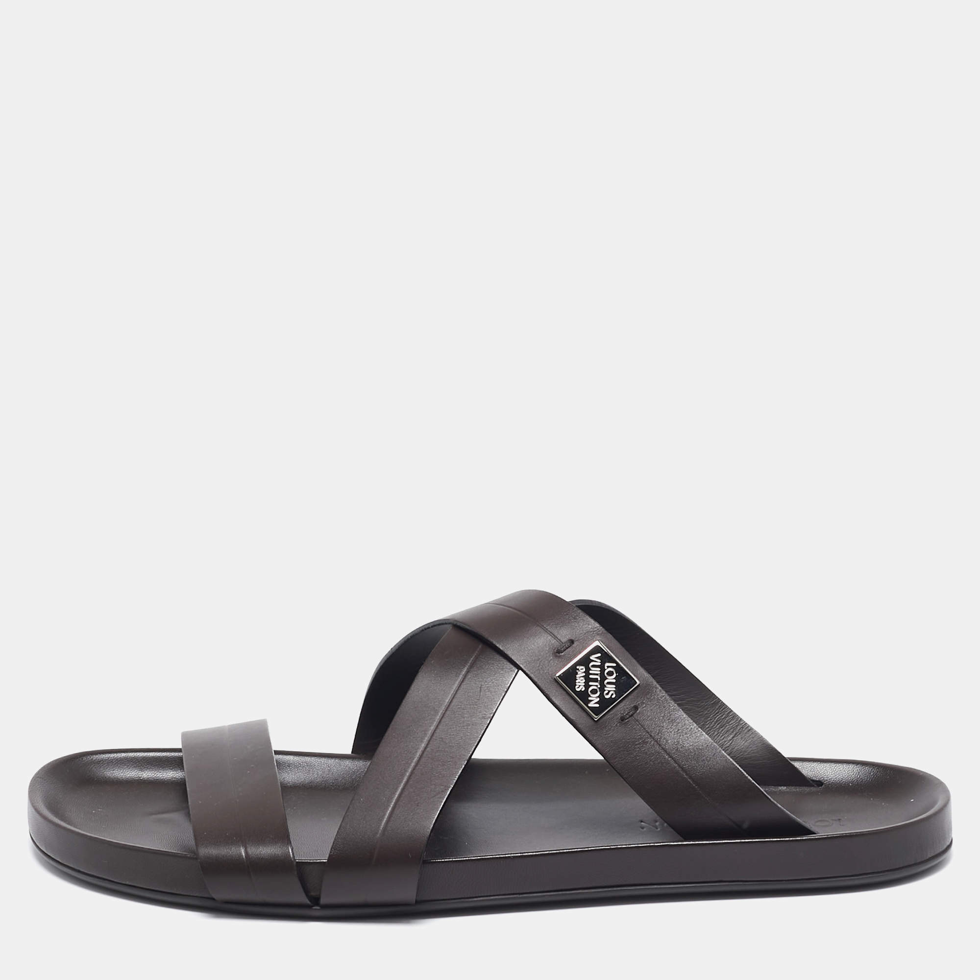 Louis Vuitton Dark Brown Leather Pioneer Cross Strap Flat Slides Size 45