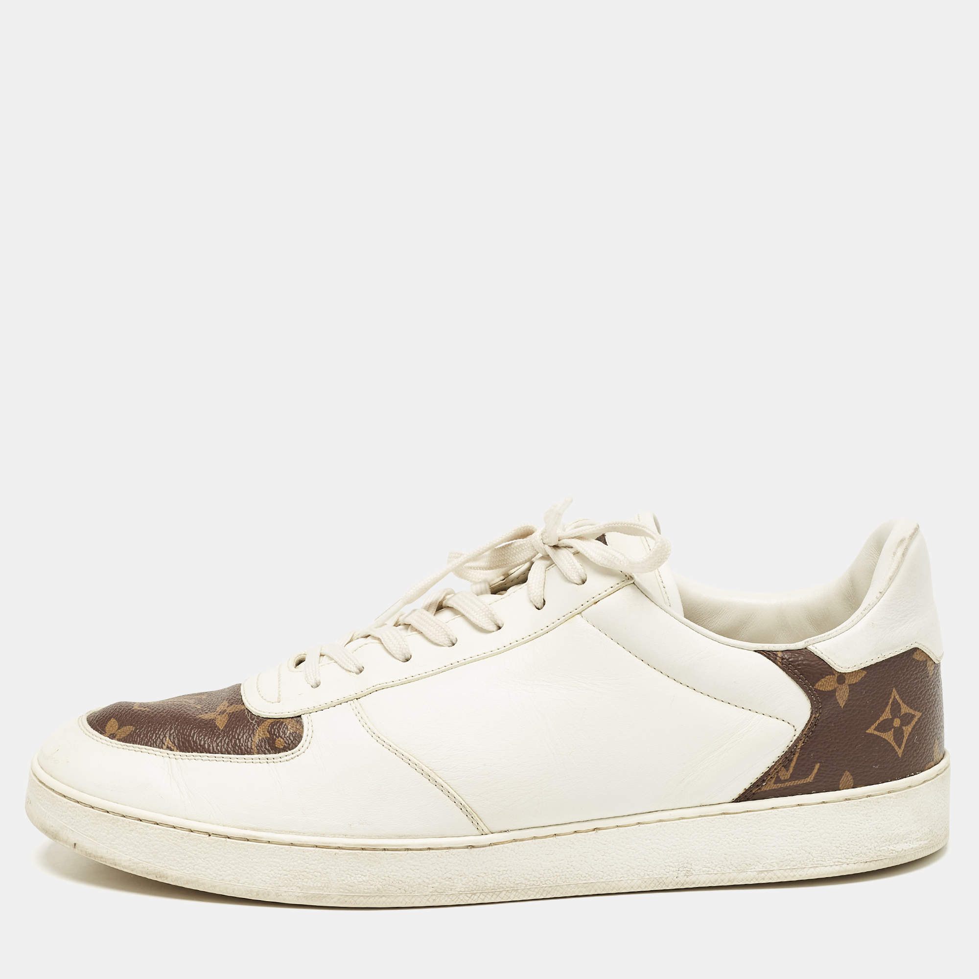 Louis Vuitton White Leather and Monogram Canvas Rivoli Sneakers Size 45