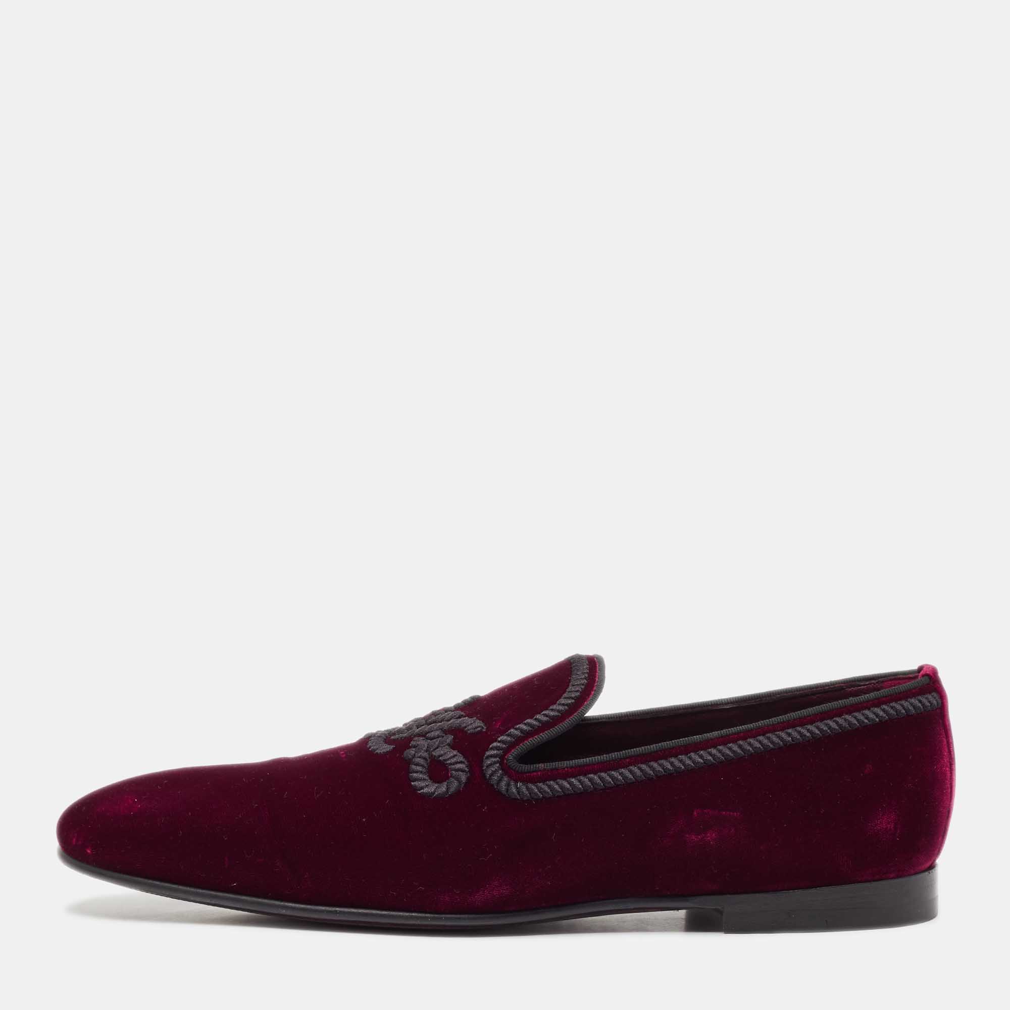 Pre Owned Louis Vuitton Burgundy Velvet Embroidered Auteuil Loafers Size 43.5