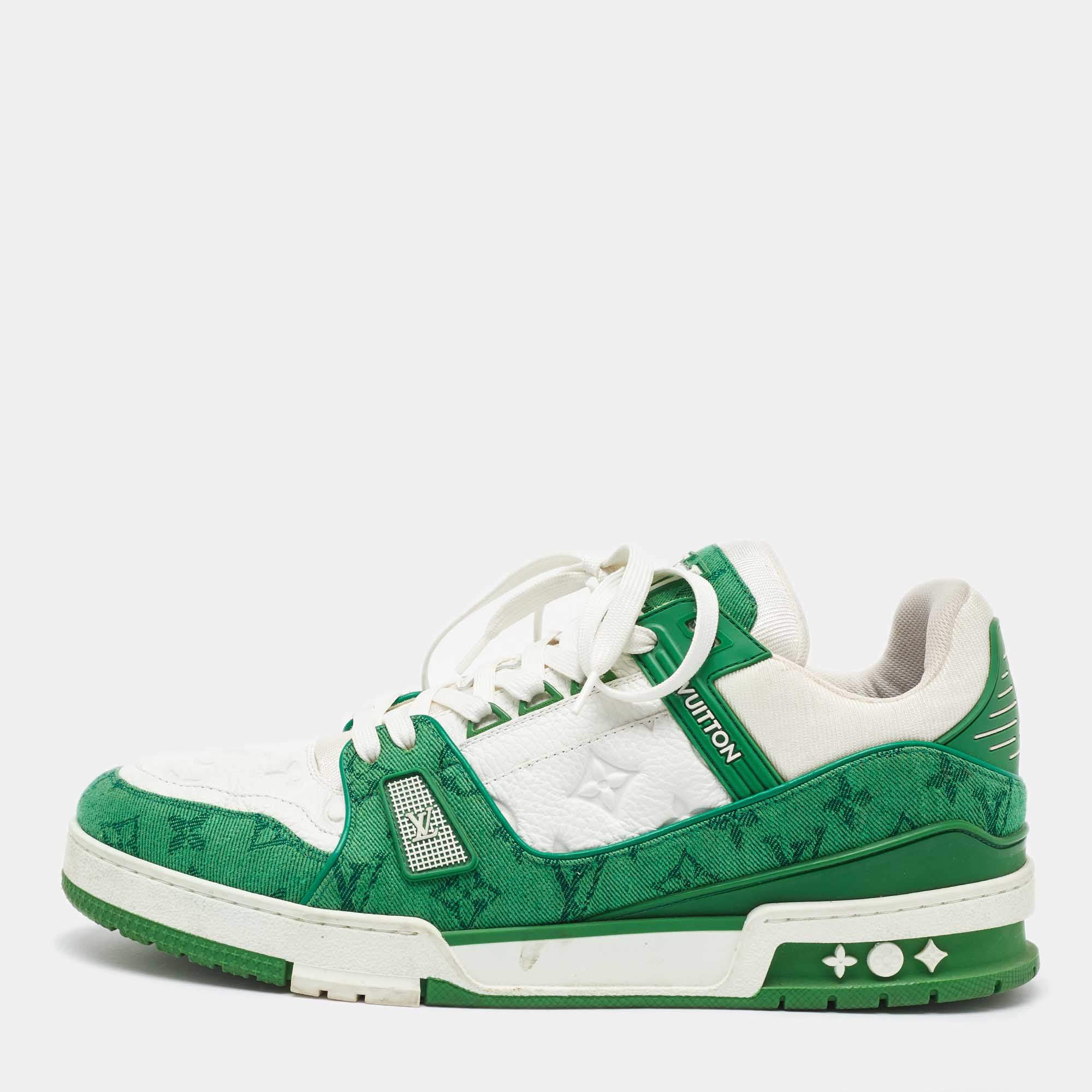 Pre Owned Louis Vuitton White/Green Leather and Denim LV Trainer Sneakers Size 44