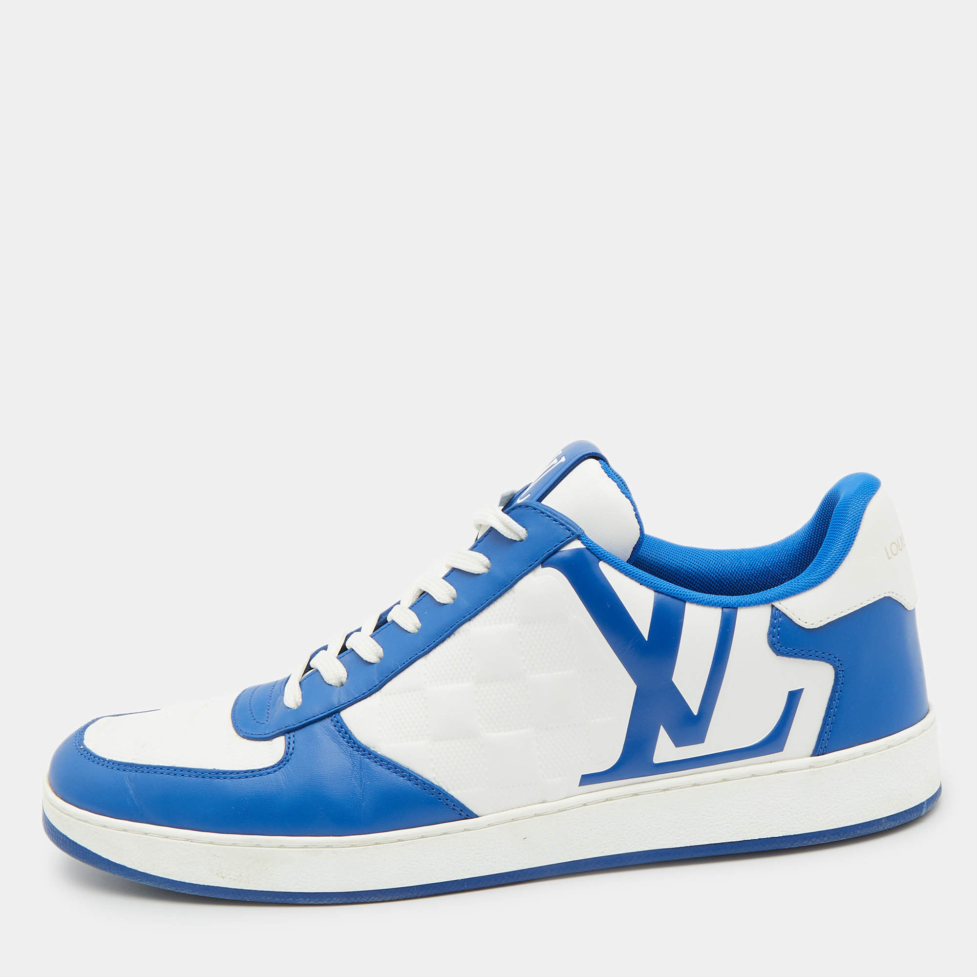Louis Vuitton White/Blue Leather Rivoli Lace Up Sneakers Size 44