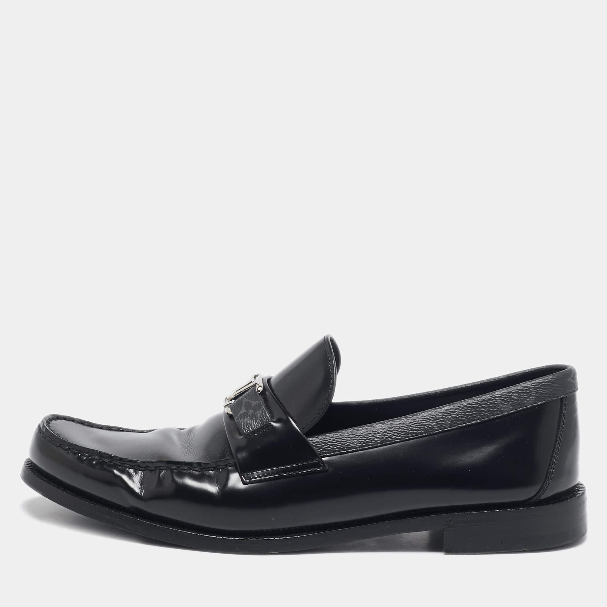 Louis Vuitton Black Leather and Monogram Eclipse Canvas Major Loafers Size 43.5