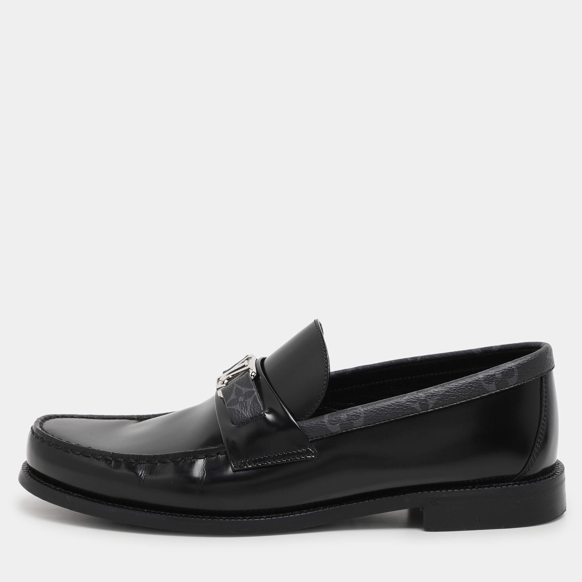 Pre Owned Louis Vuitton Black Leather and Monogram Eclipse Major Loafer Size 42