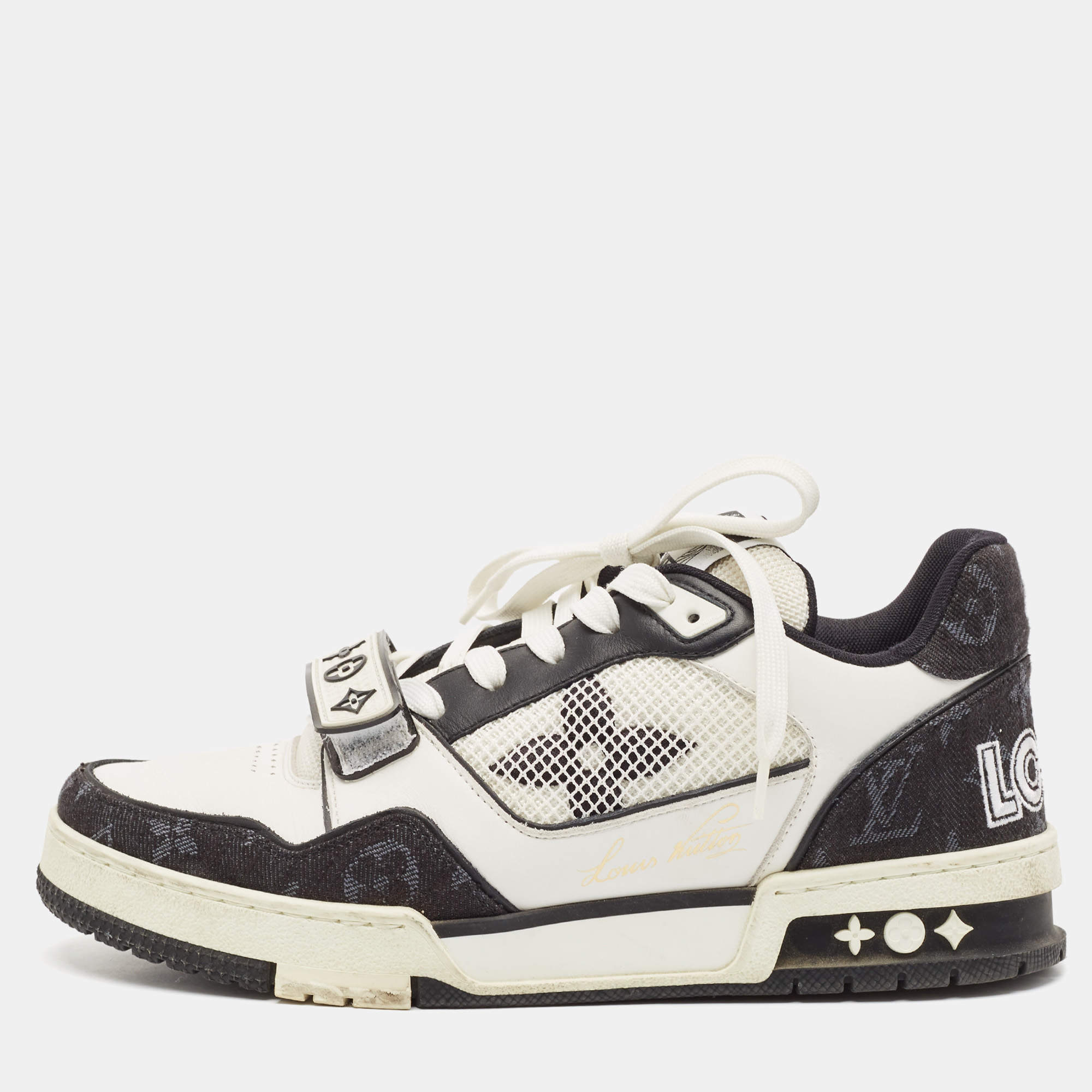 مملوكة مسبقًا Louis Vuitton Black/White Leather and Monogram Denim LV Trainer Sneakers Size 40