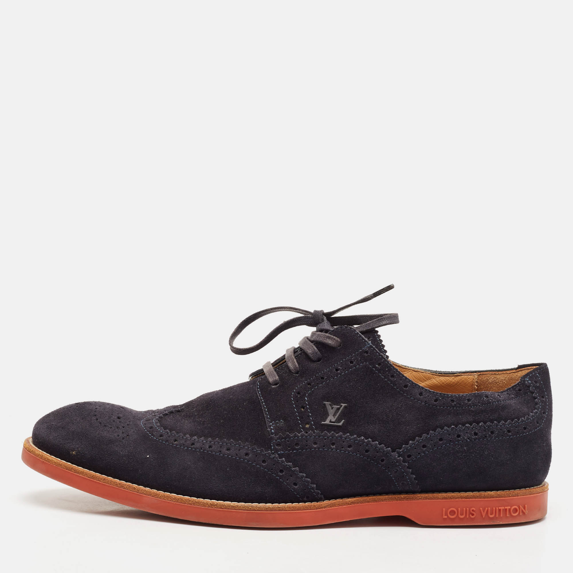 Louis Vuitton Navy Blue Suede Brogue Lace-Up Oxfords Size 41.5 
