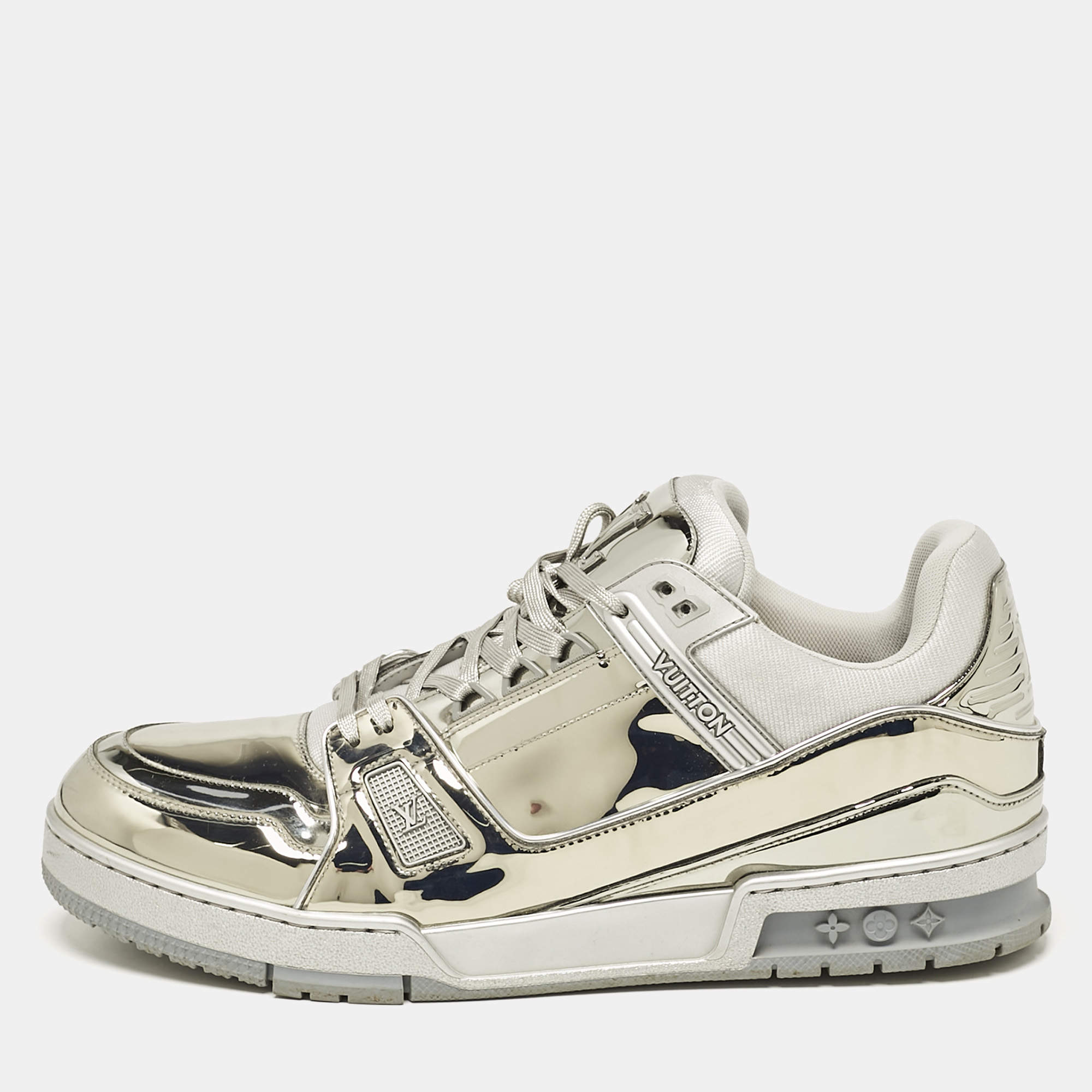 Louis Vuitton Silver Mirror Leather LV Trainer Sneakers Size 44