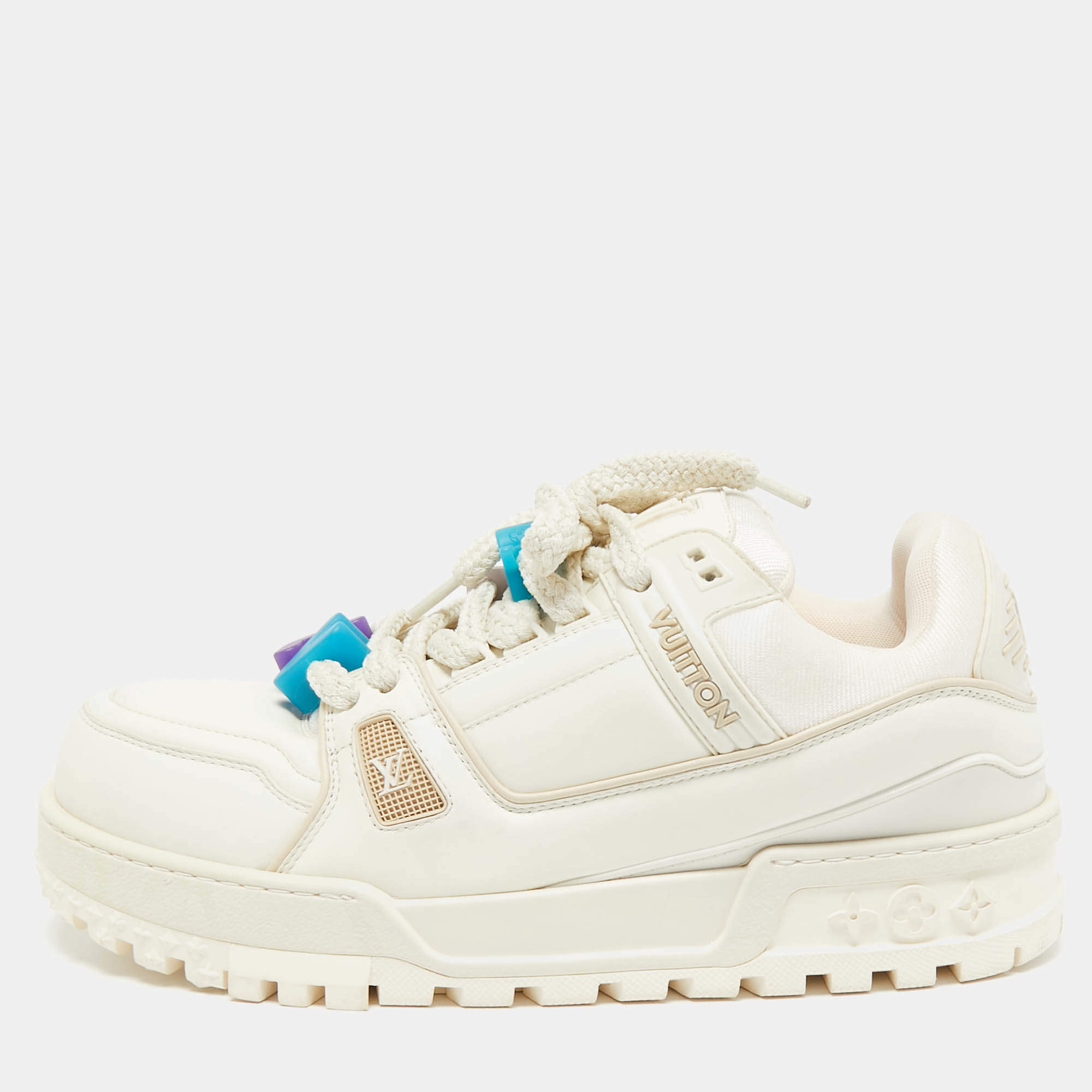 Pre Owned Louis Vuitton White Leather LV Trainer Maxi Sneakers Size 44