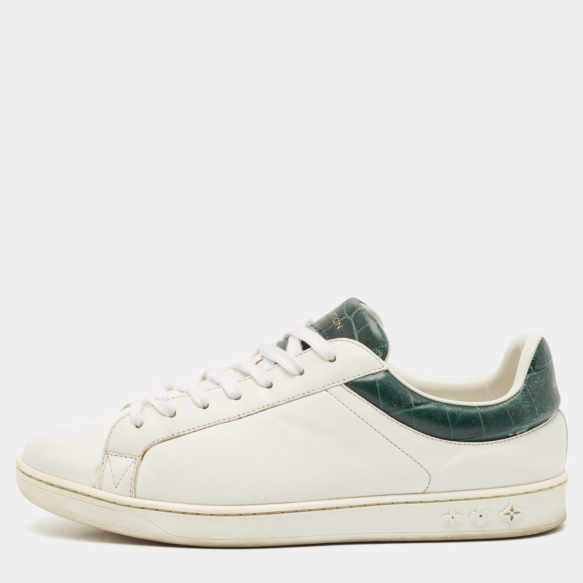 Louis Vuitton White/Green Crocodile Leather and Leather Luxembourg Lace Up Sneakers Size 41.5