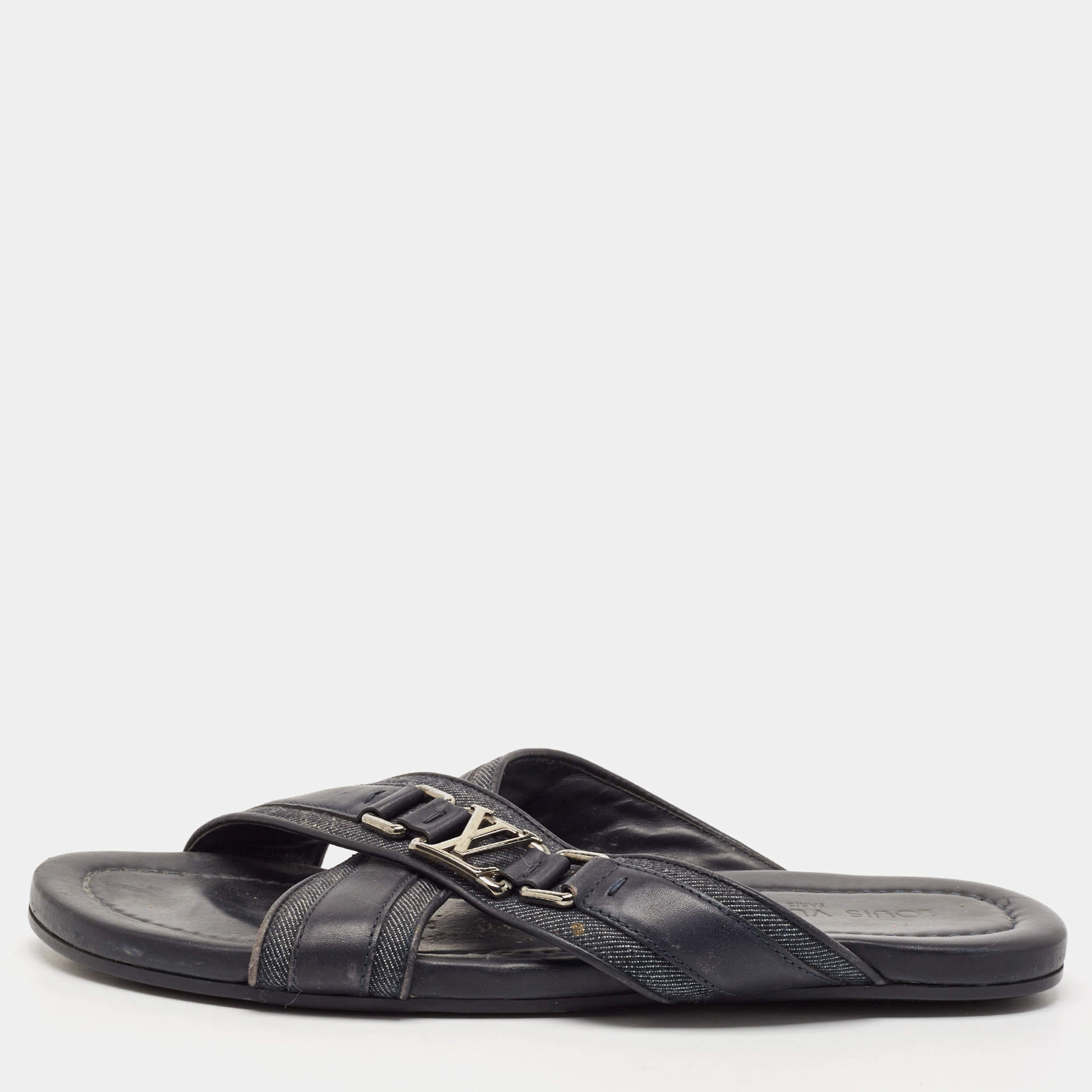 Louis Vuitton Navy Blue Denim and Leather Hamptons Flat Sandals Size 42.5