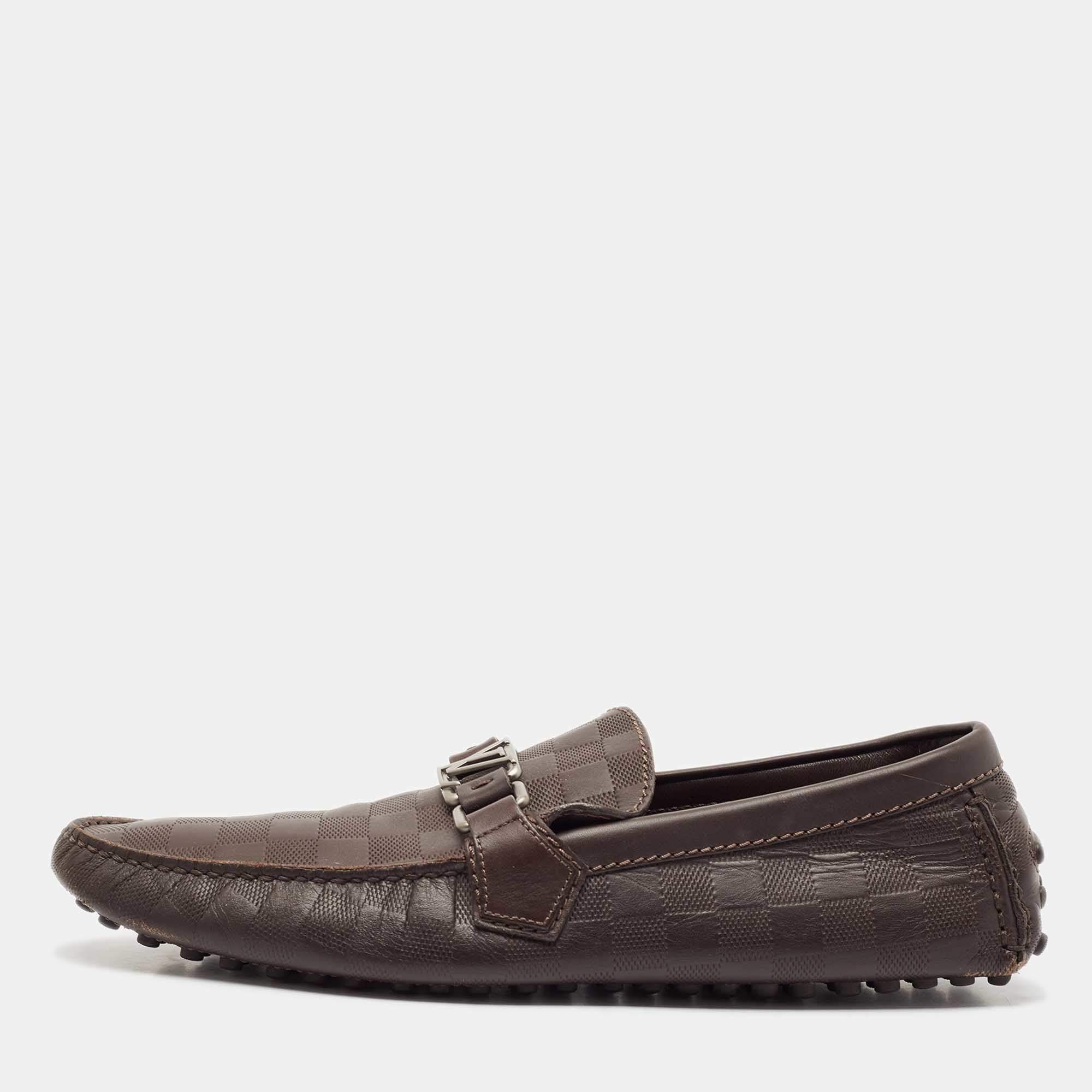 Louis Vuitton Dark Brown Damier Embossed Leather Hockenheim Slip On Loafers Size 42.5