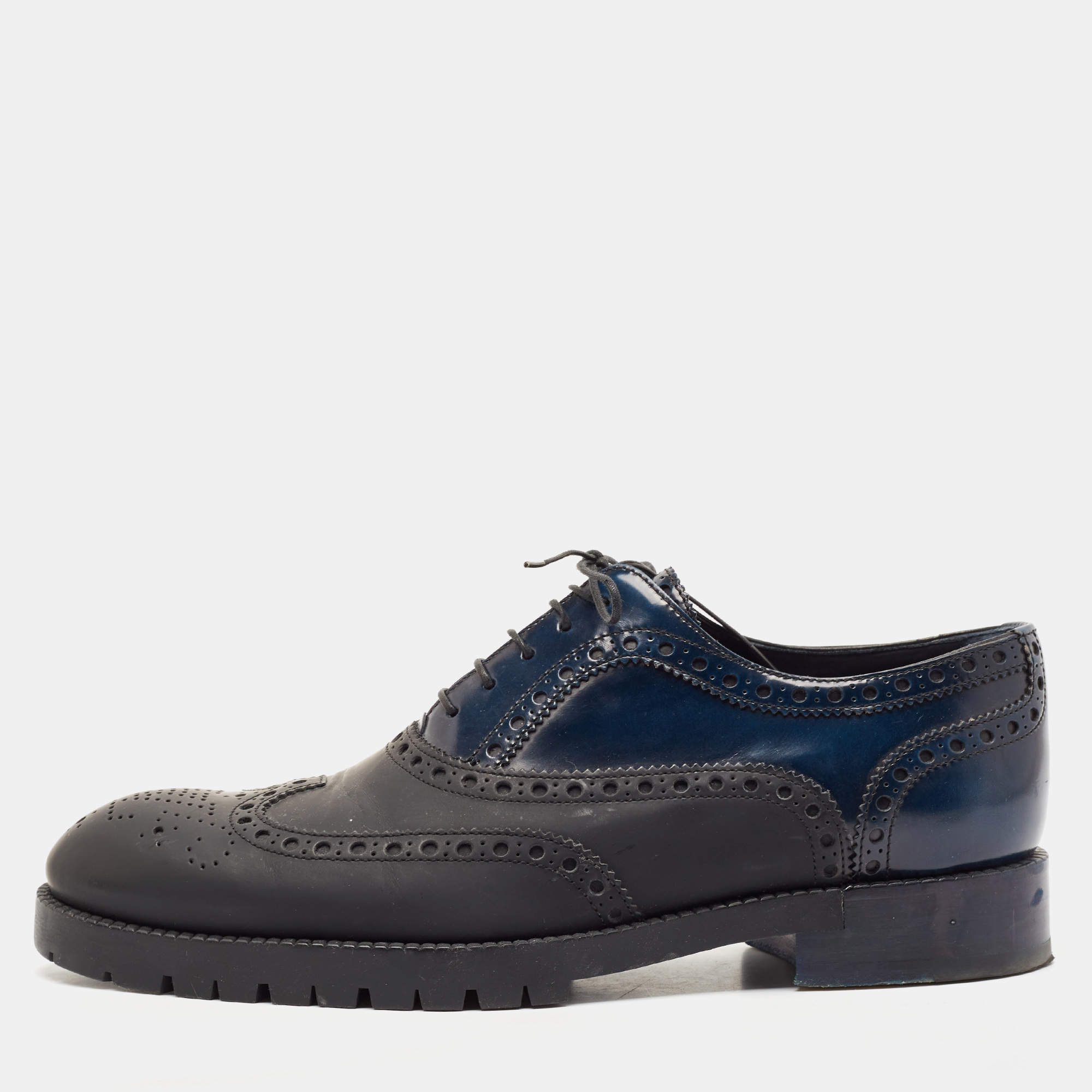 Louis Vuitton Black/Navy Blue Brogue Leather Lace Up Oxfords Size 42