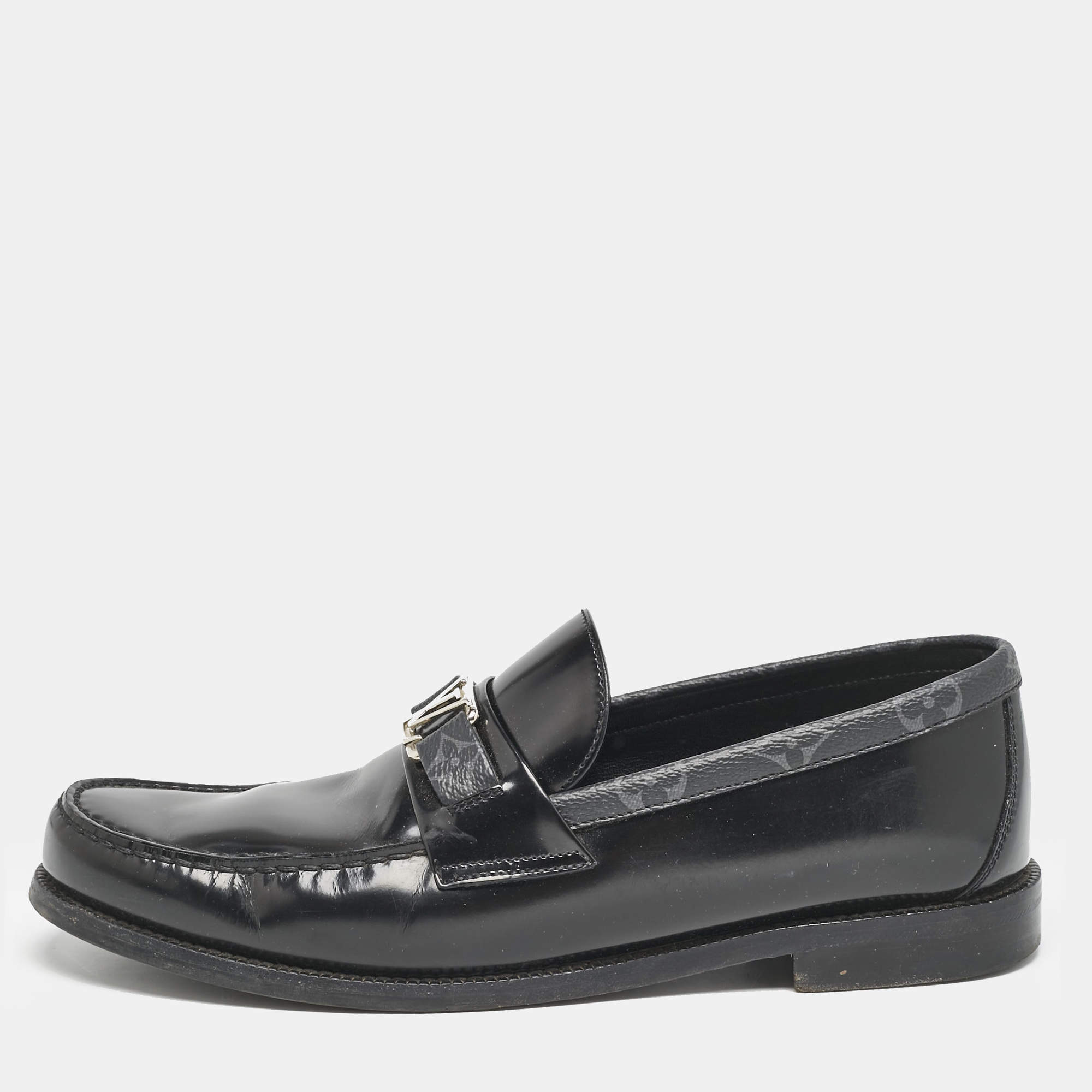 Louis Vuitton Black Leather and Monogram Eclipse Canvas Major Loafers Size 42.5