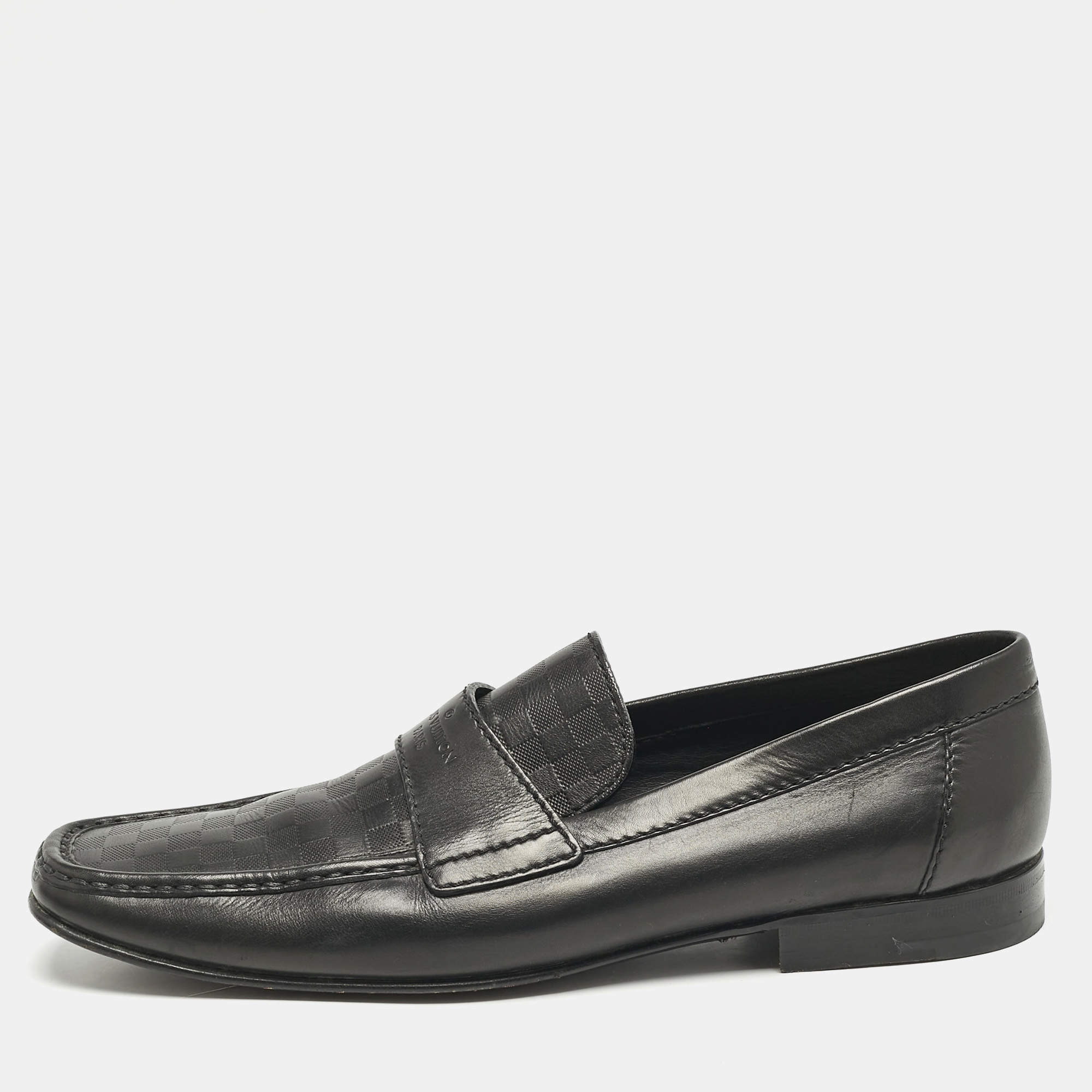 Louis Vuitton Black Leather Damier Embossed Santiago Slip On Loafers Size 44.5