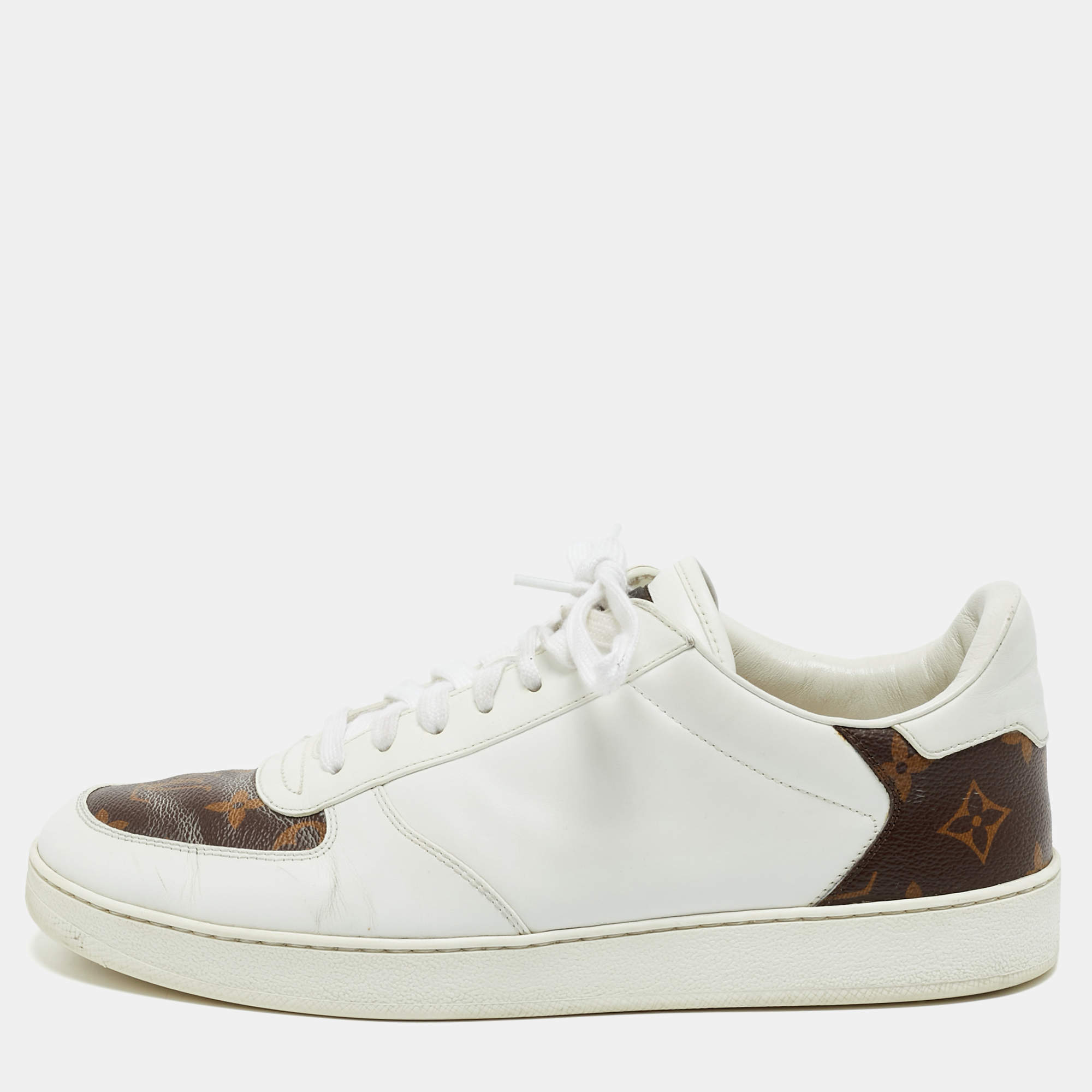 Pre Owned Louis Vuitton White Leather and Monogram Canvas Rivoli Sneakers Size 41