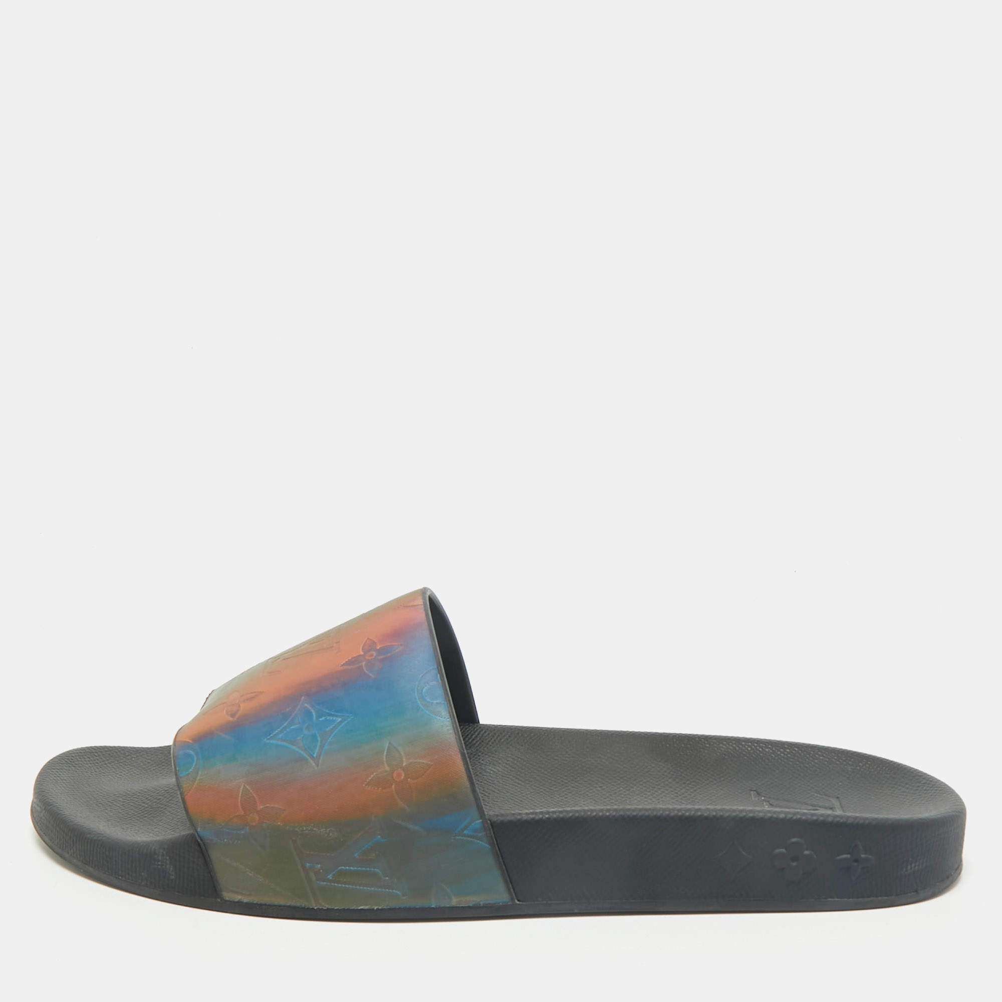  Louis Vuitton Multicolor Iridescent Monogram Rubber Waterfront Slides Size 41