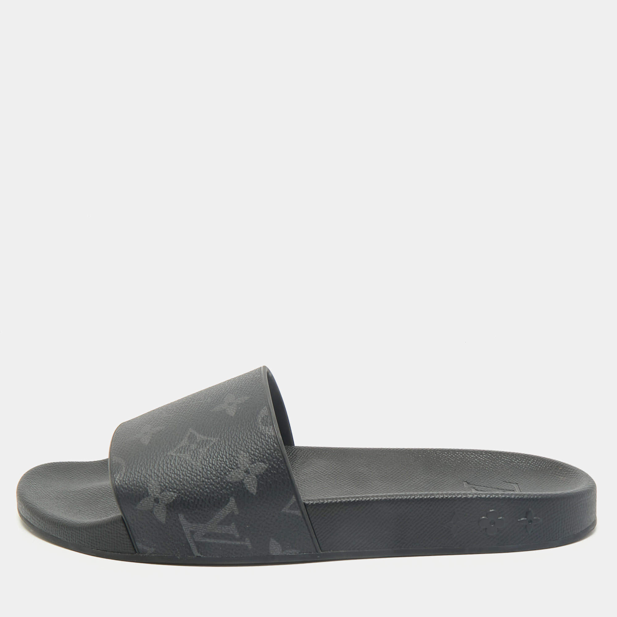 Louis Vuitton Black Graphite Damier Embossed Canvas Waterfront Flat Slides Size 41