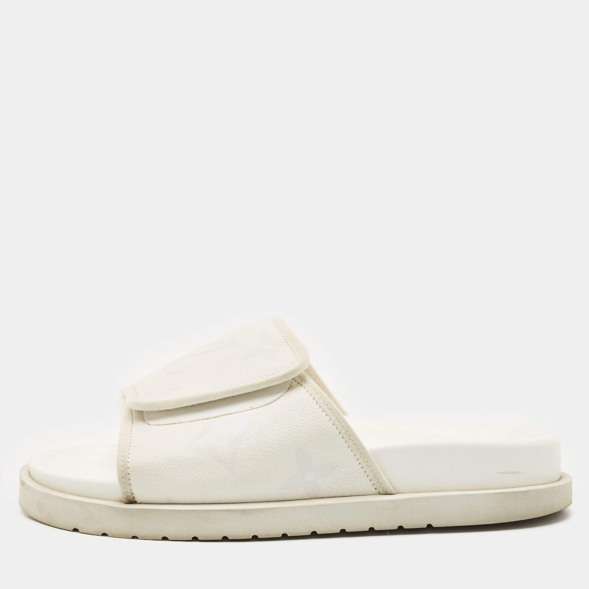 Louis Vuitton White Monogram Embossed Leather Miami Flat Slide Sandals Size 41