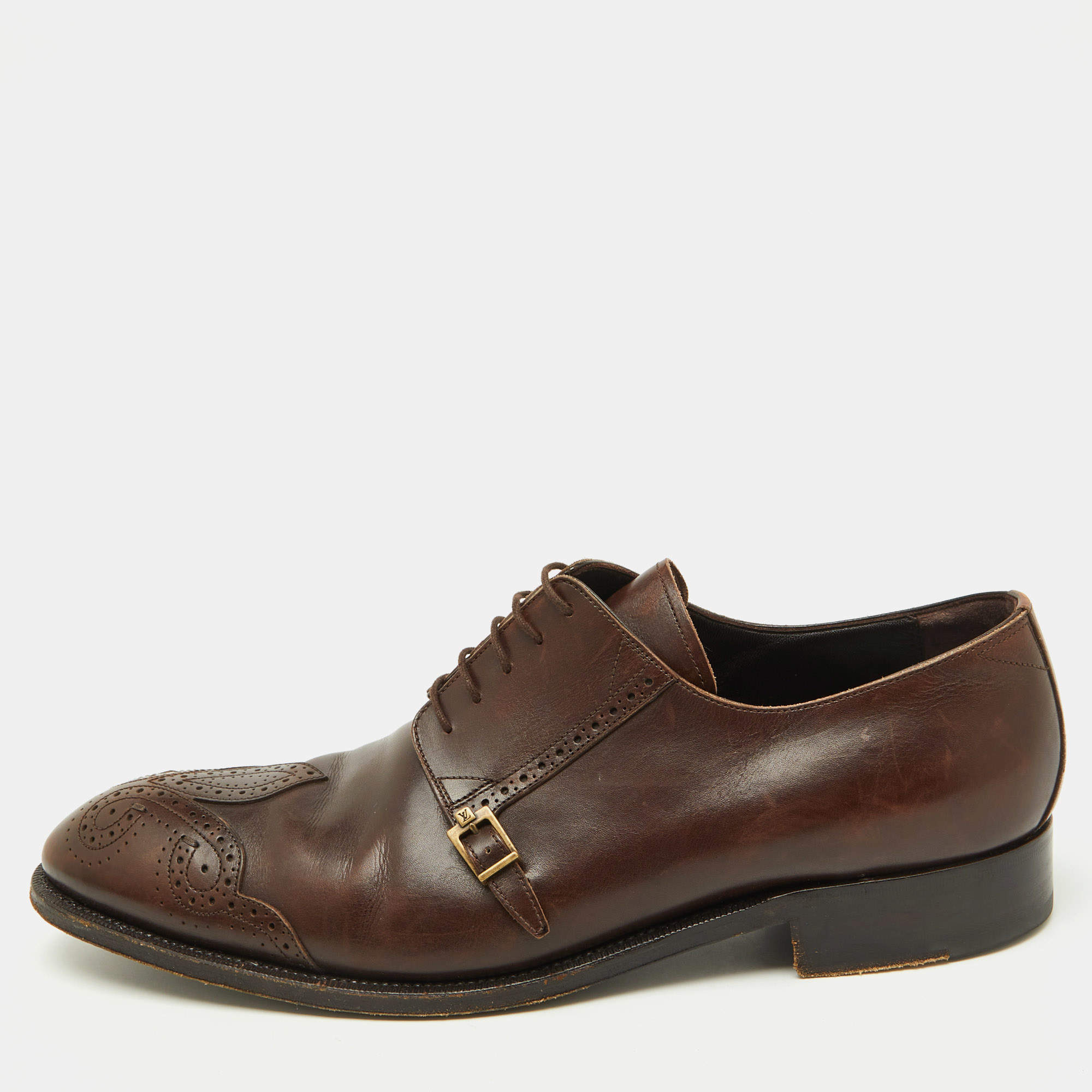 Pre Owned Louis Vuitton Dark Brown Brogue Leather Lace Up Derby Size 45
