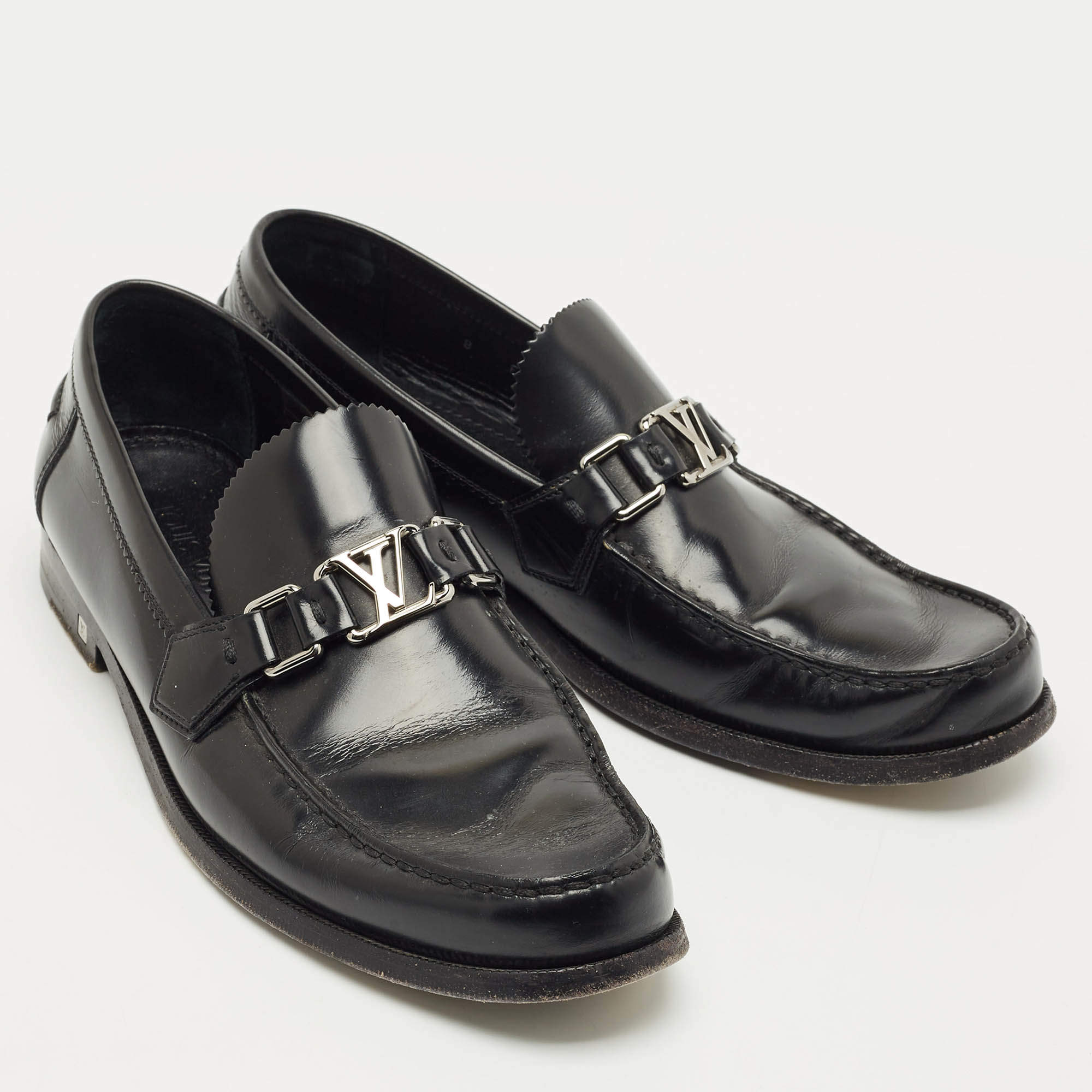 Pre Owned Louis Vuitton Black Leather Major Logo Slip On Loafers Size 42