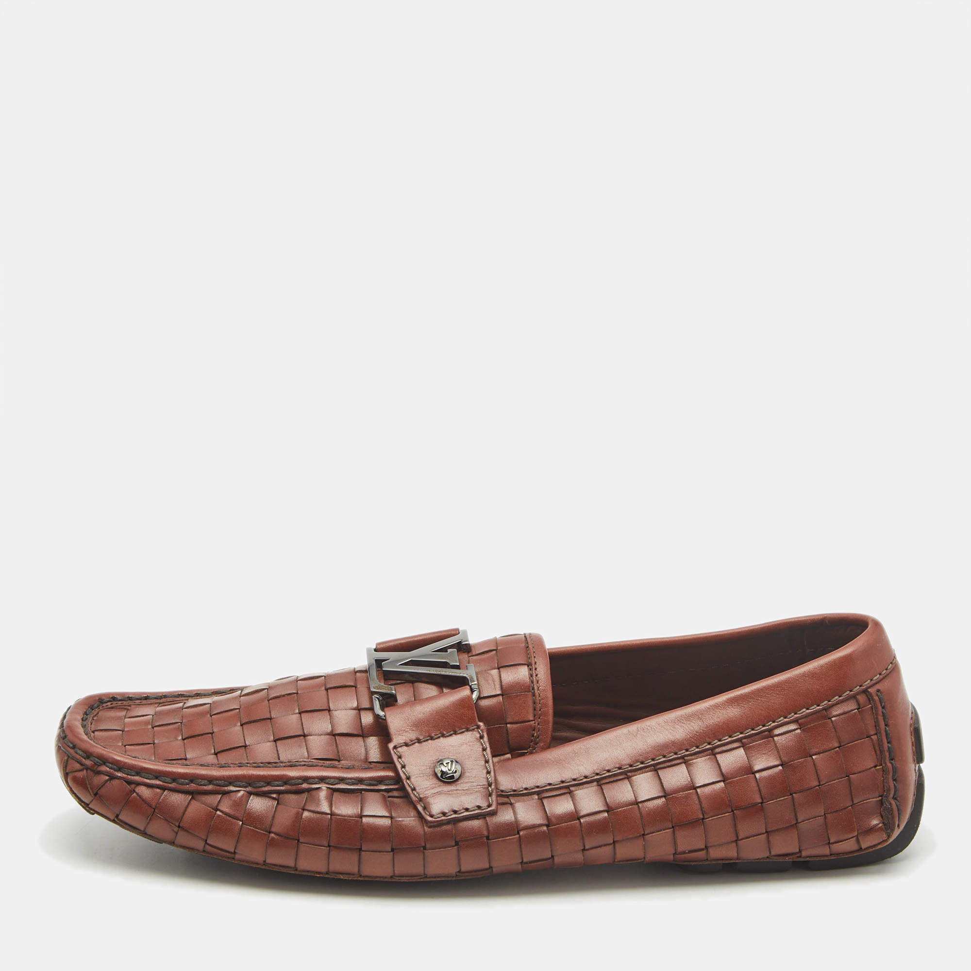 Pre Owned Louis Vuitton Brown Woven Leather Monte Carlo Slip On Loafers Size 42.5