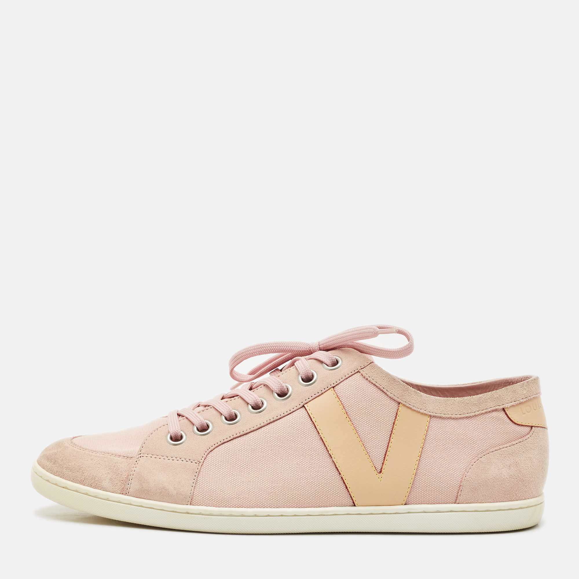Pre Owned Louis Vuitton Light Pink/Brown Canvas and Suede Low Top Sneakers Size 42