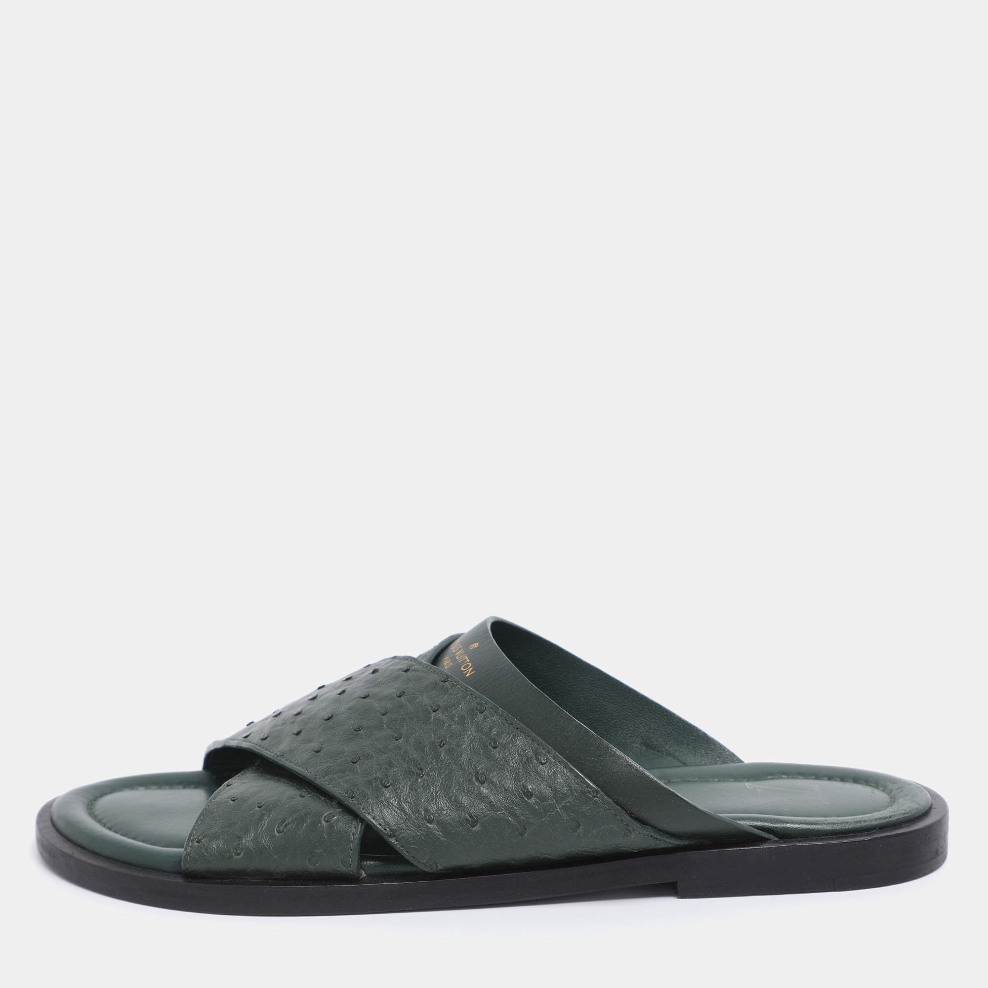 Pre Owned Louis Vuitton Green Ostrich Leather Slide Sandals 41