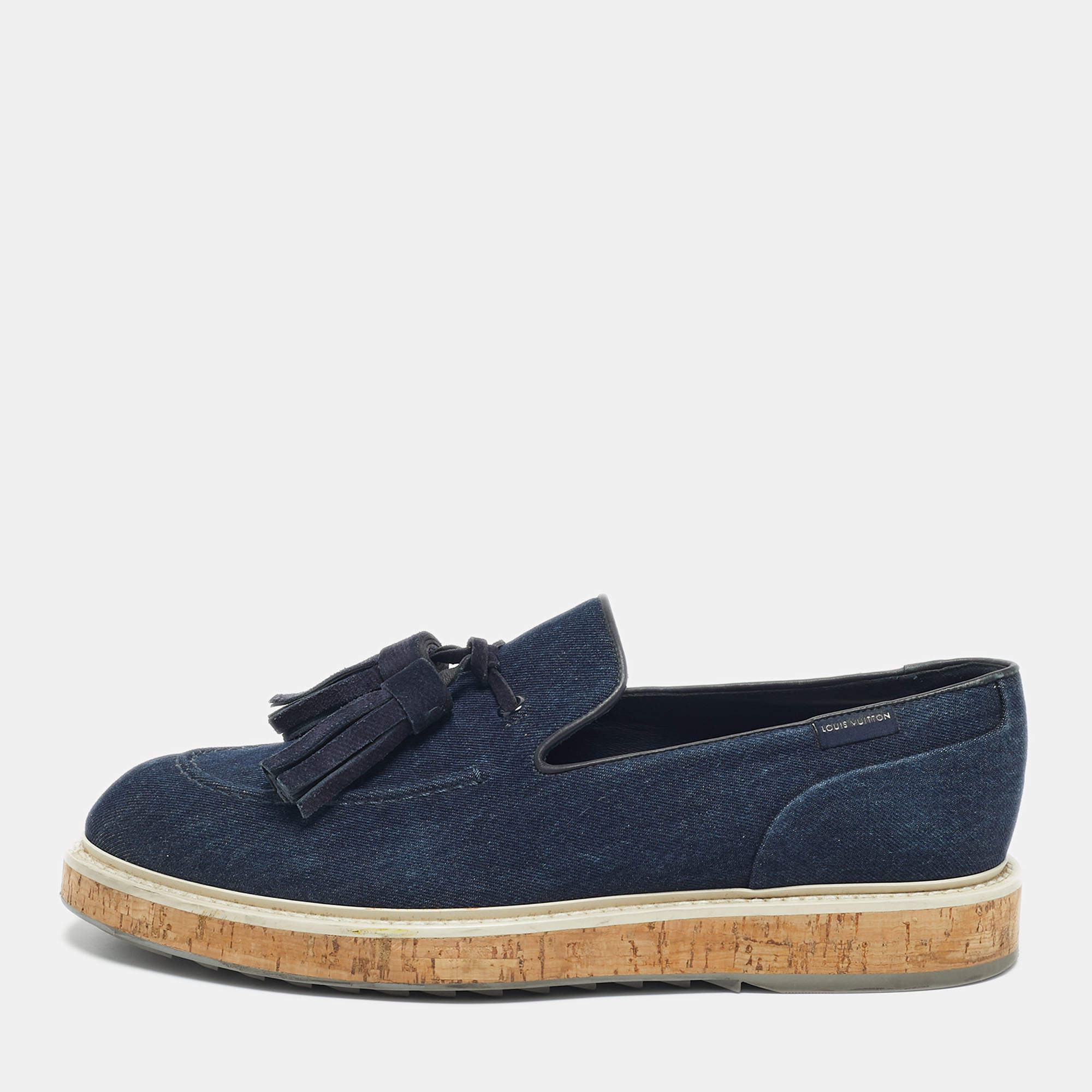 Pre Owned Louis Vuitton Navy Blue Denim Tassel Slip On Loafers Size 41