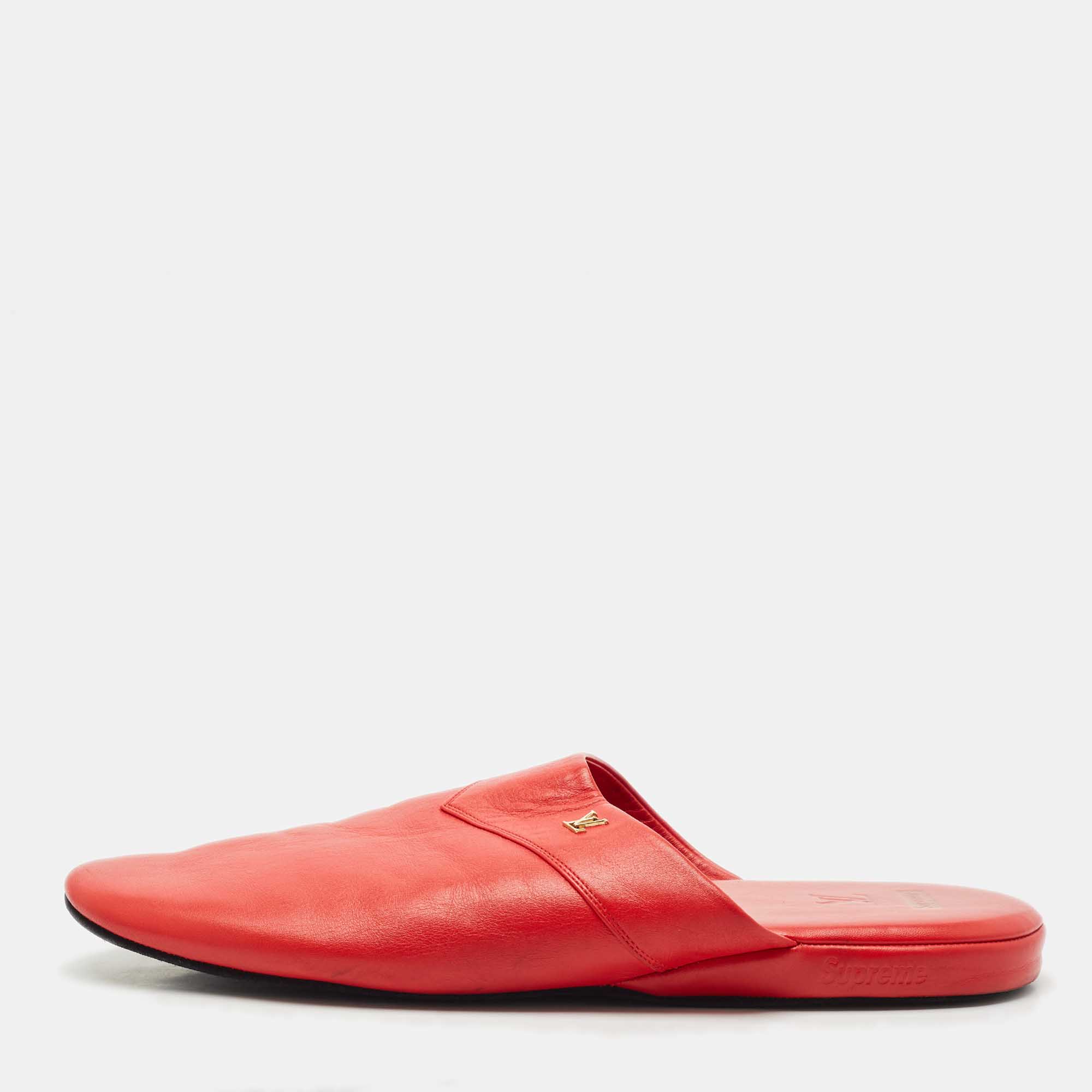 Pre Owned Louis Vuitton x Supreme Red Leather Hugh Flat Slippers Size 42