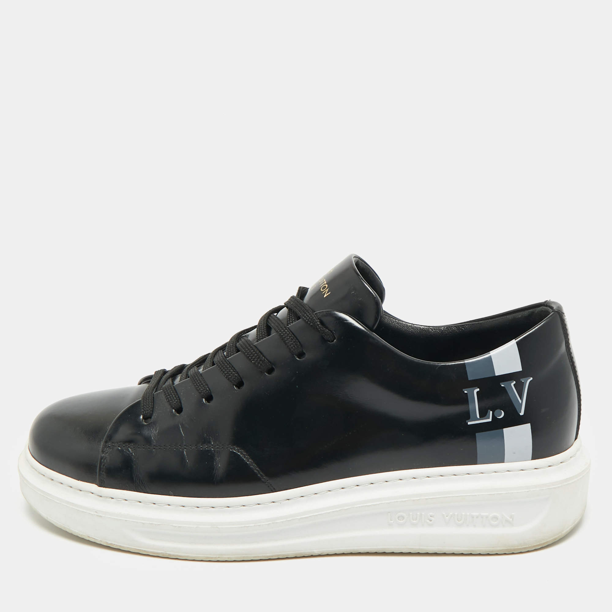 Pre Owned Louis Vuitton Black Leather Beverly Hills Lace Up Sneakers Size 40.5