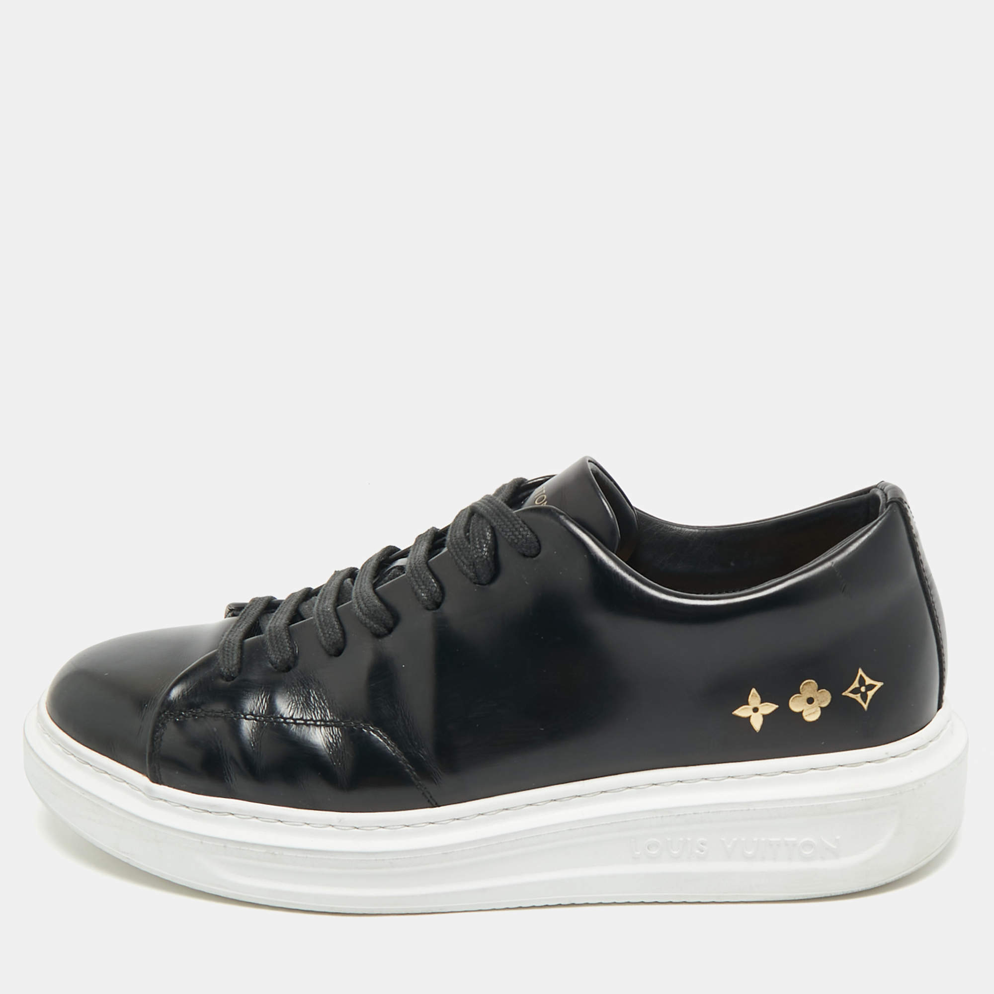 Pre Owned Louis Vuitton Black Leather Monogram Debossed Time Out Sneakers Size 40..5
