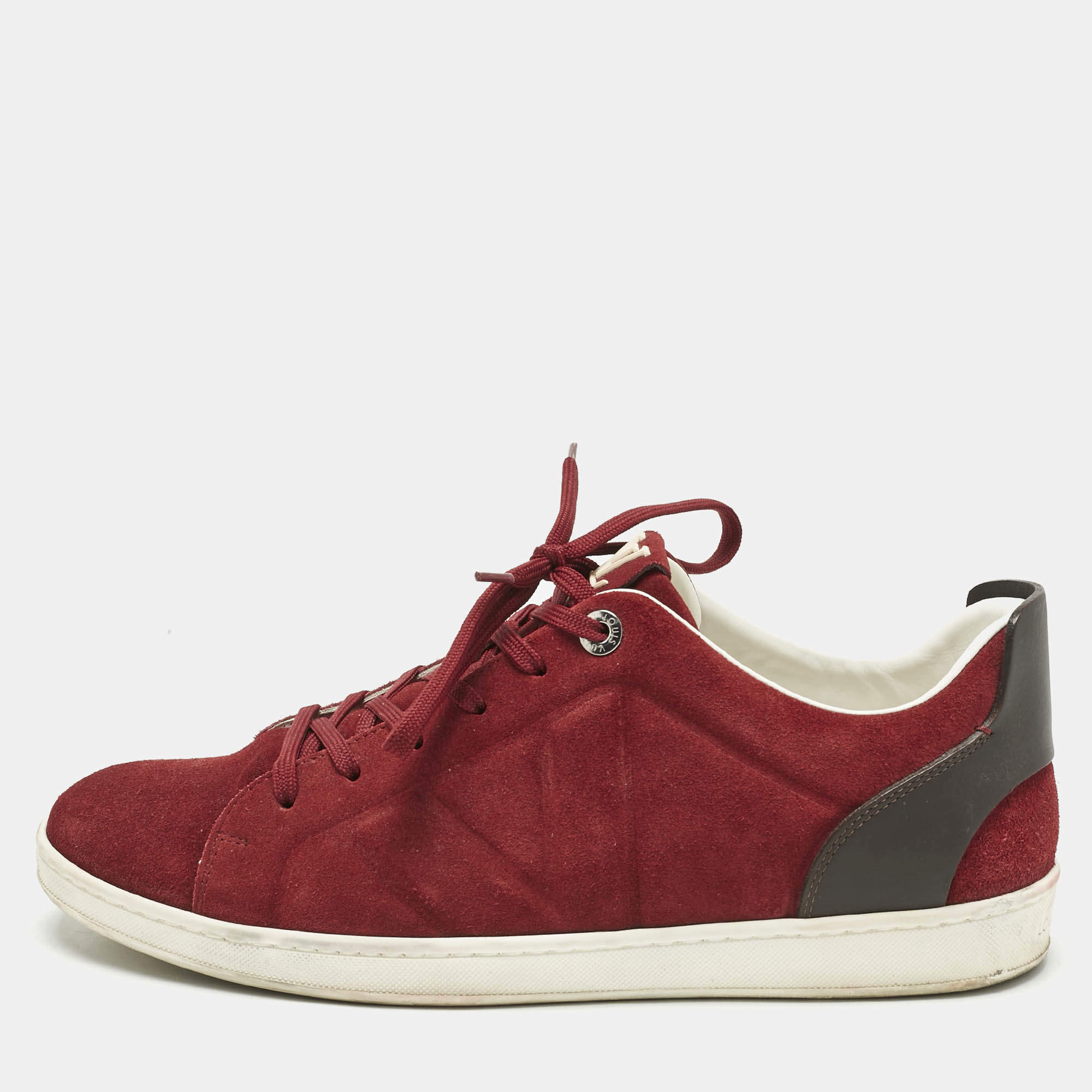 Pre Owned Louis Vuitton Burgundy/Black Suede and Leather Logo Lace Up Sneakers Size 43