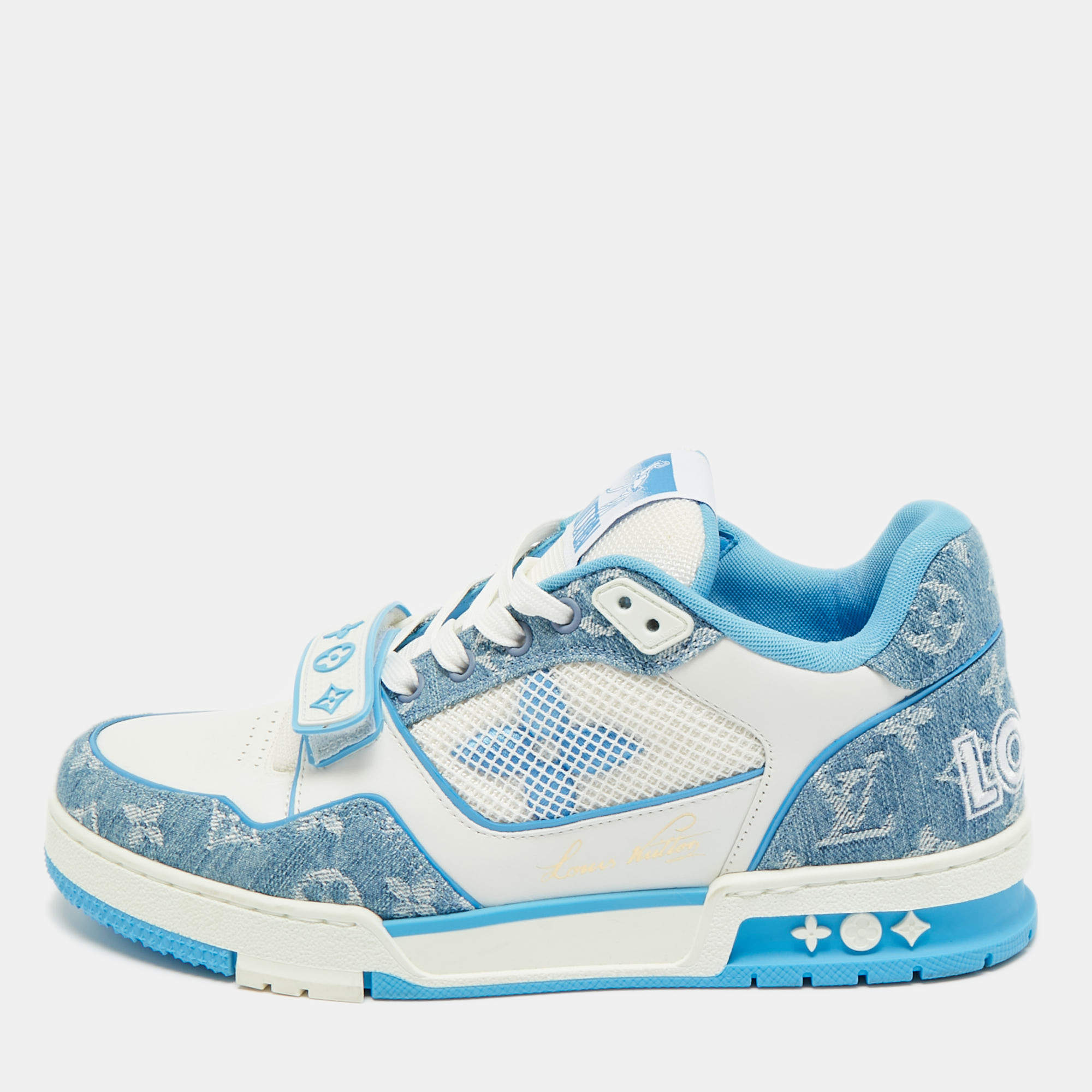 Pre Owned Louis Vuitton Blue/White Denim and Leather LV Skate Sneakers Size 41.5