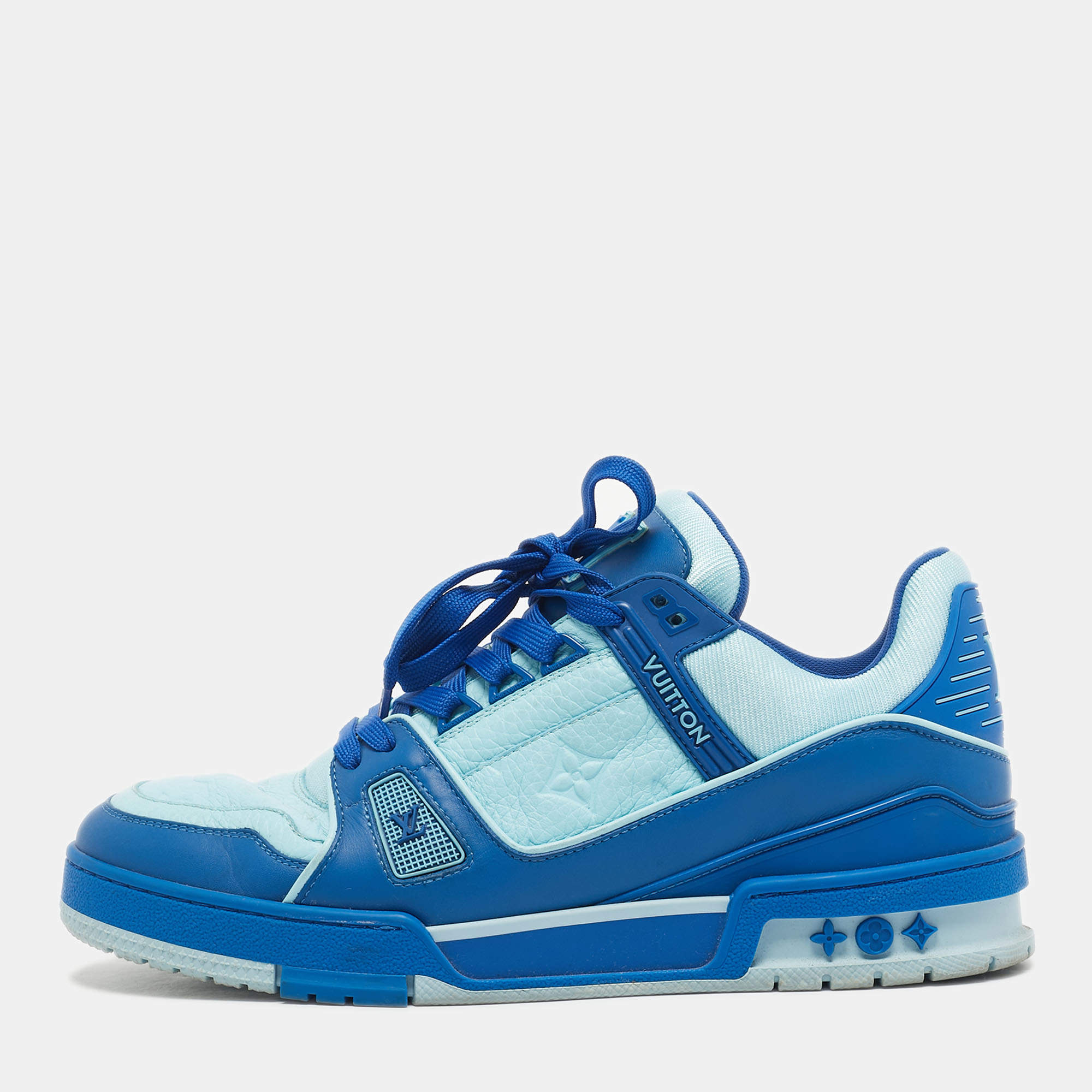 Pre Owned Louis Vuitton Blue Fabric and Monogram Leather LV Trainer Sneakers Size 41.5