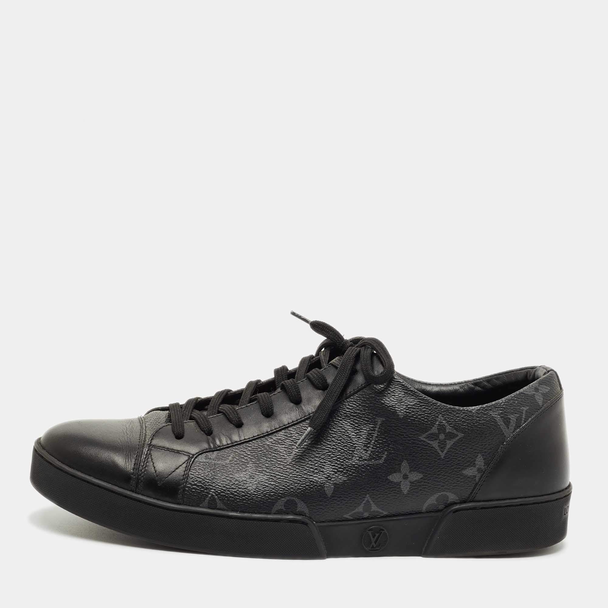 Pre Owned Louis Vuitton Black/Grey Leather and Monogram Coated Canvas Match Up Sneakers Size 43